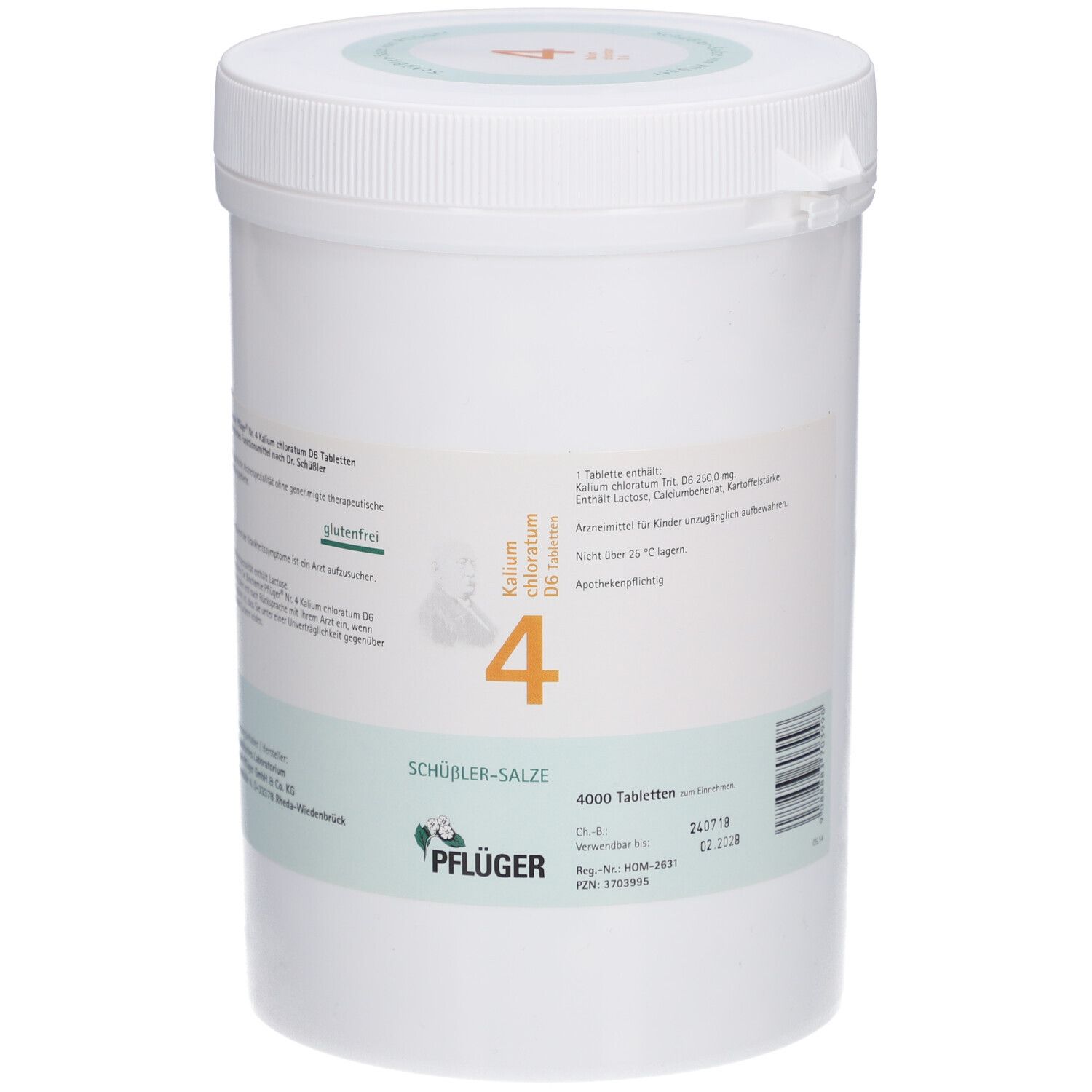 Weißer Behälter mit Aufschrift 'Schüßler-Salze 4'. Enthält 4000 Tabletten. Marke: Pflüger.