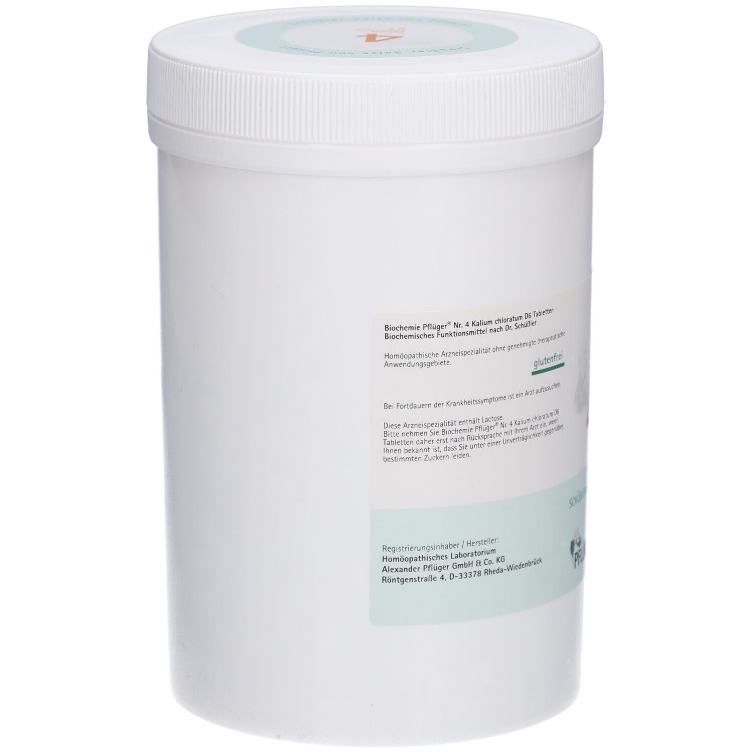 Weißer Behälter mit Etikett. Text: 'Biochemie Pflüger Nr. 4 Kalium chloratum D6 Tabletten'.
