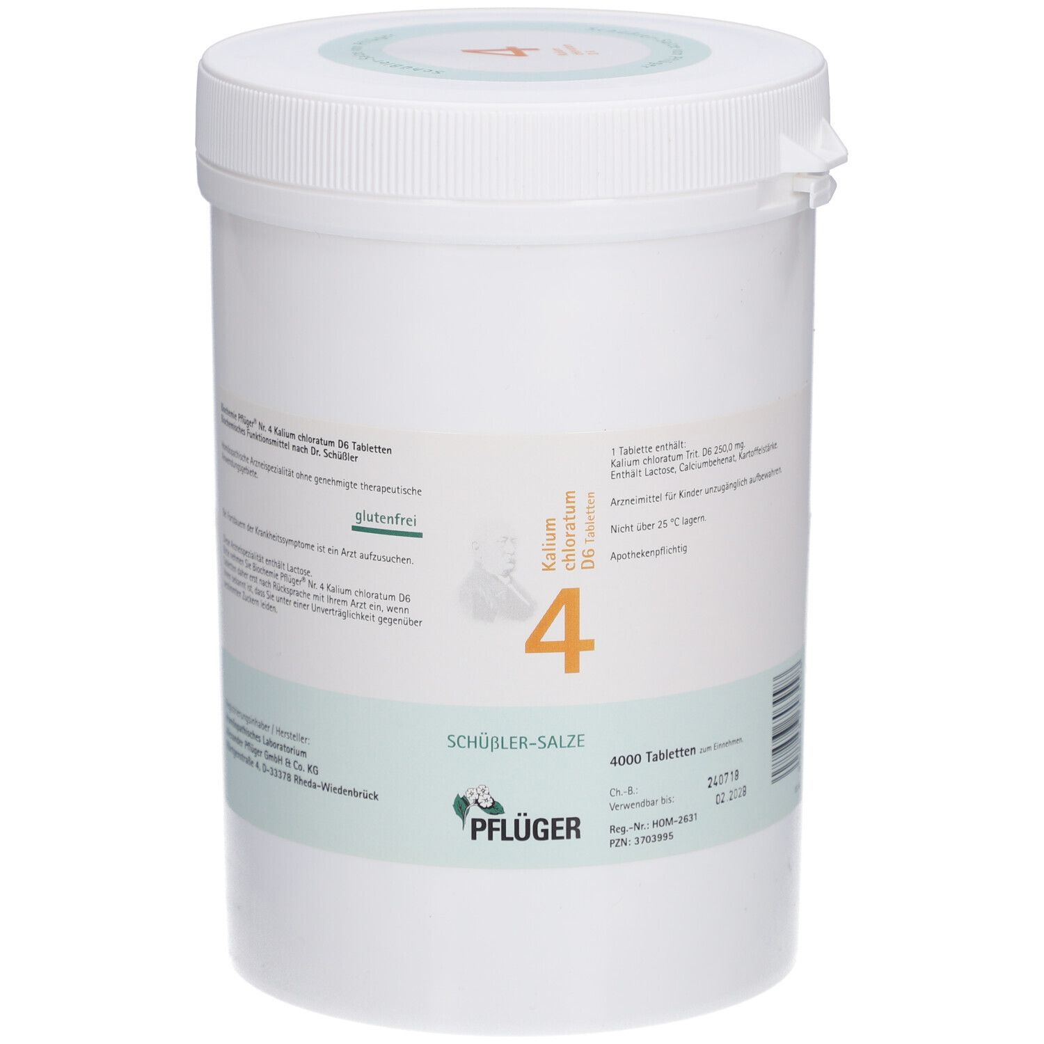 Weißer Behälter mit Aufschrift 'Schüßler-Salze 4'. Enthält 4000 Tabletten. Marke: Pflüger.