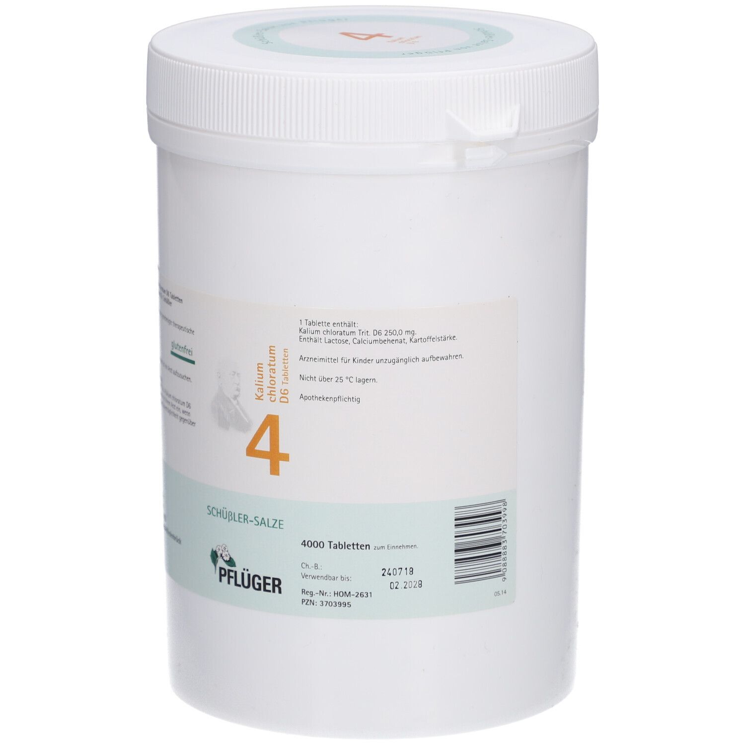 Weißer Behälter mit Aufschrift 'Schüßler-Salze 4'. Enthält 4000 Tabletten. Marke: Pflüger.