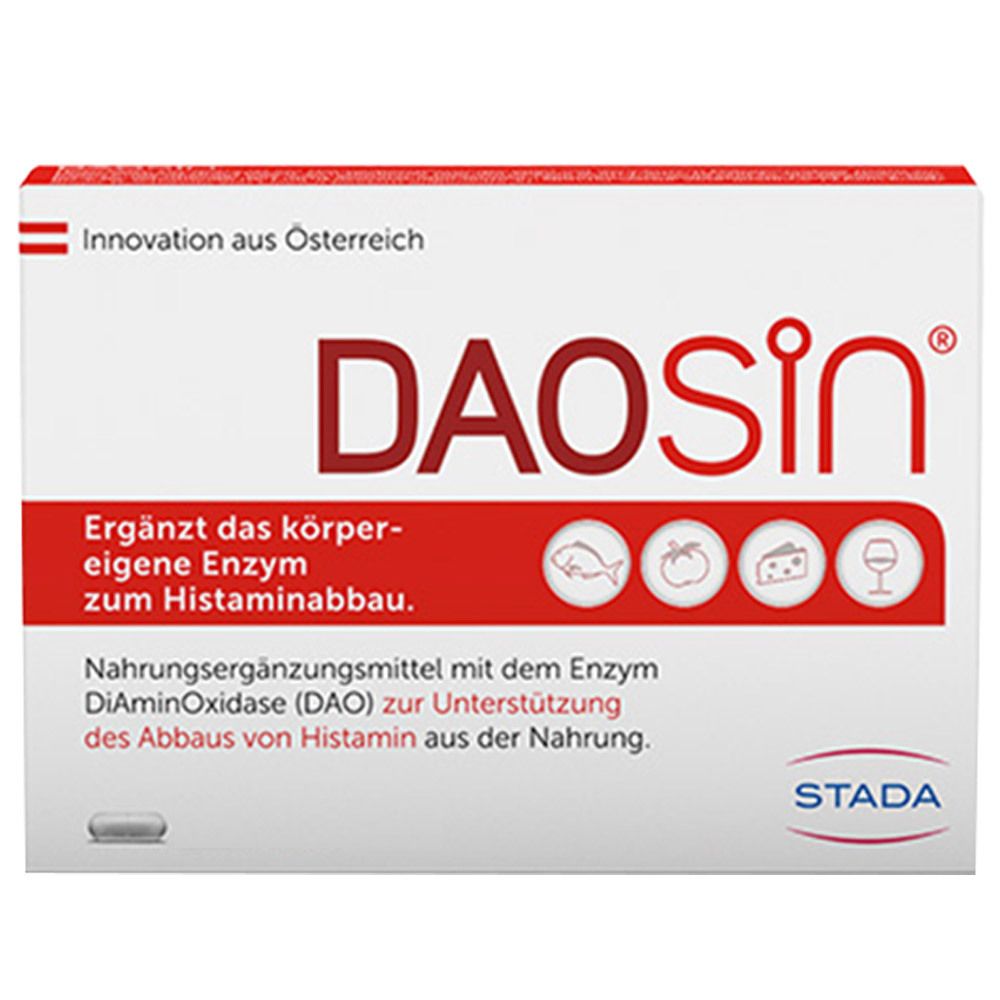 Weiße Schachtel mit roter Schrift. DAOSin-Logo. Text: Ergänzt das körpereigene Enzym zum Histaminabbau. STADA-Logo.