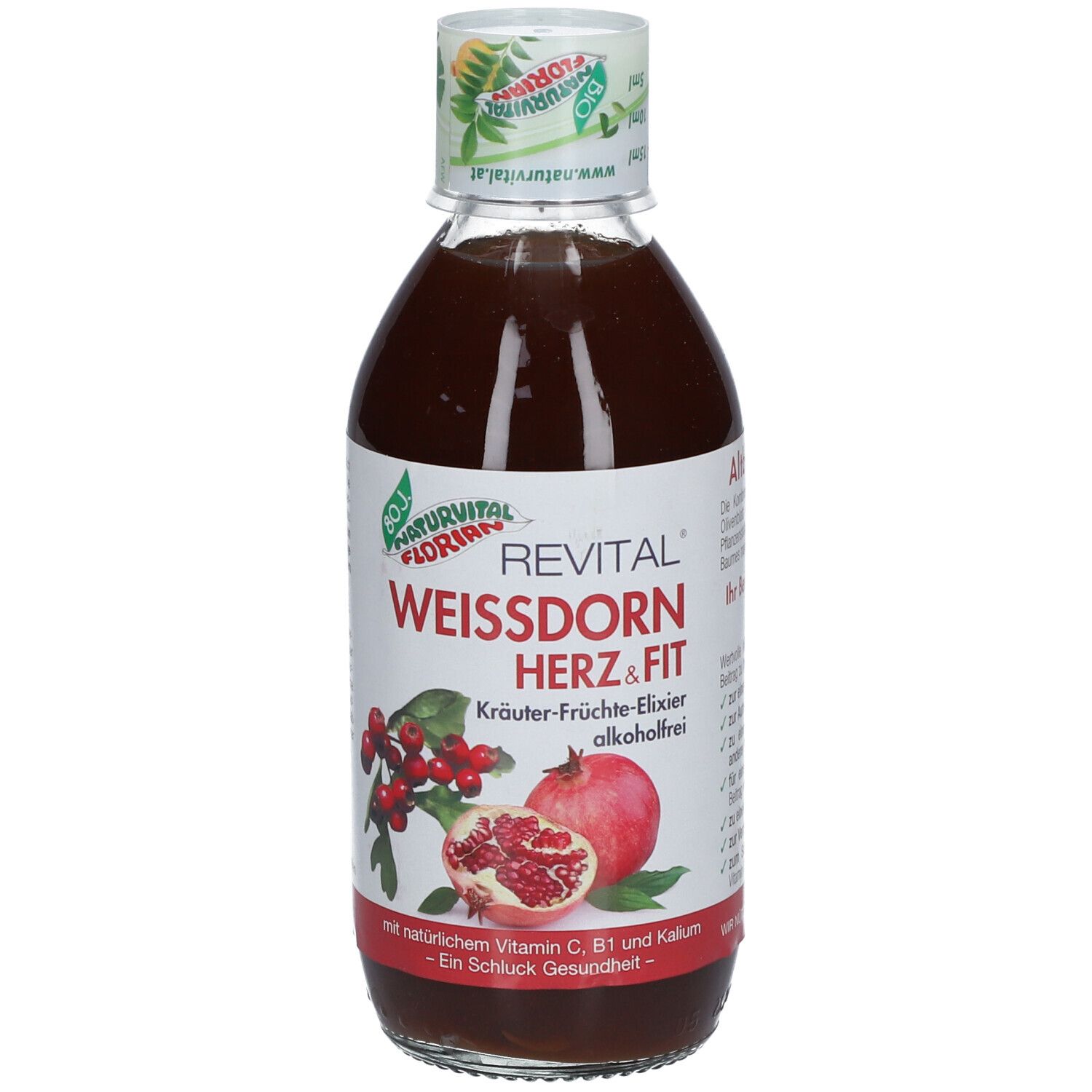 Flasche mit Flüssigkeit. Etikett mit Produktnamen: Weißdorn Herz & Fit. Abbildung von Granatapfel und Weißdorn.