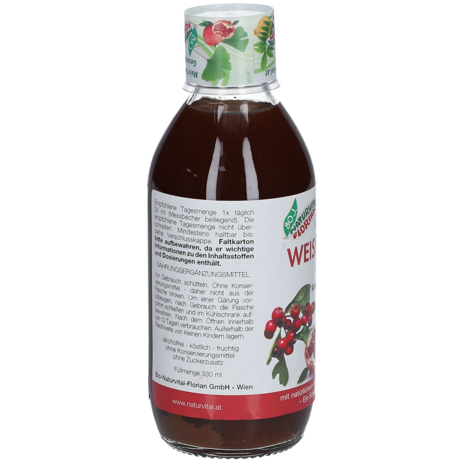 Rückansicht der Flasche. Etikett mit Text. Produktname: Weißdorn Herz & Fit. Enthält 330 ml. Mit Abbildung von Weißdorn.