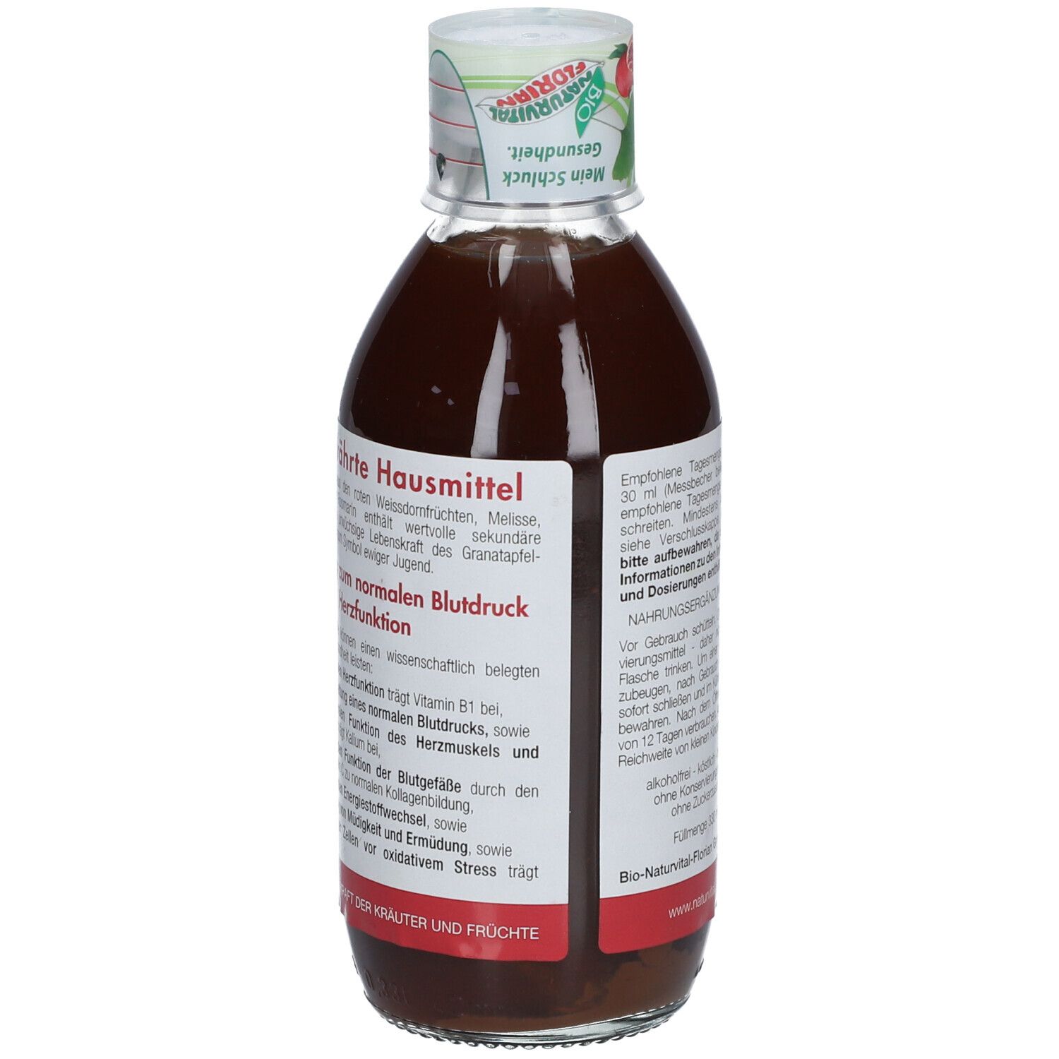 Rückansicht der Flasche. Etikett mit Text. Produktname: Weißdorn Herz & Fit. Mit Text über Blutdruck und Herzfunktion.