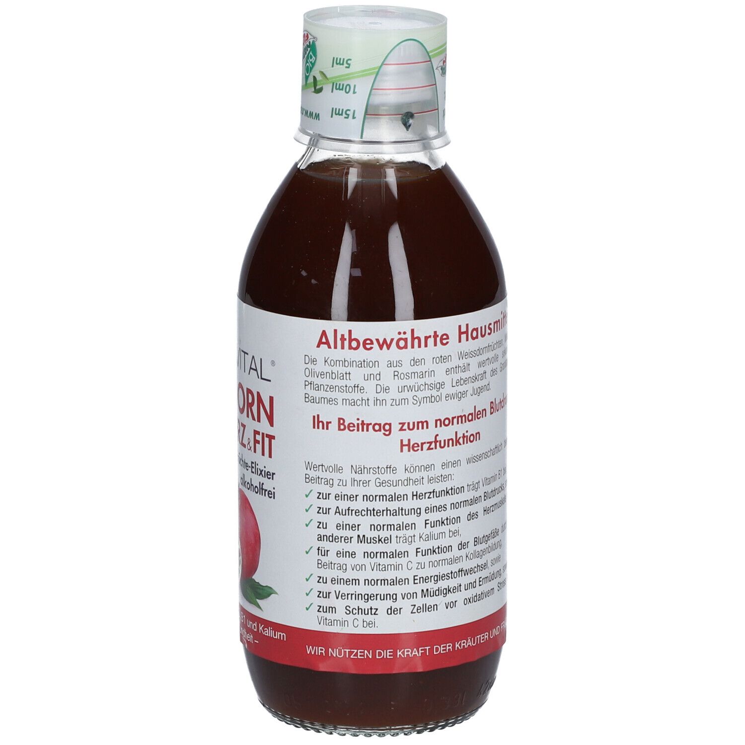 Rückansicht der Flasche. Etikett mit Text. Produktname: Weißdorn Herz & Fit. Mit Text über Herzfunktion und Inhaltsstoffe.