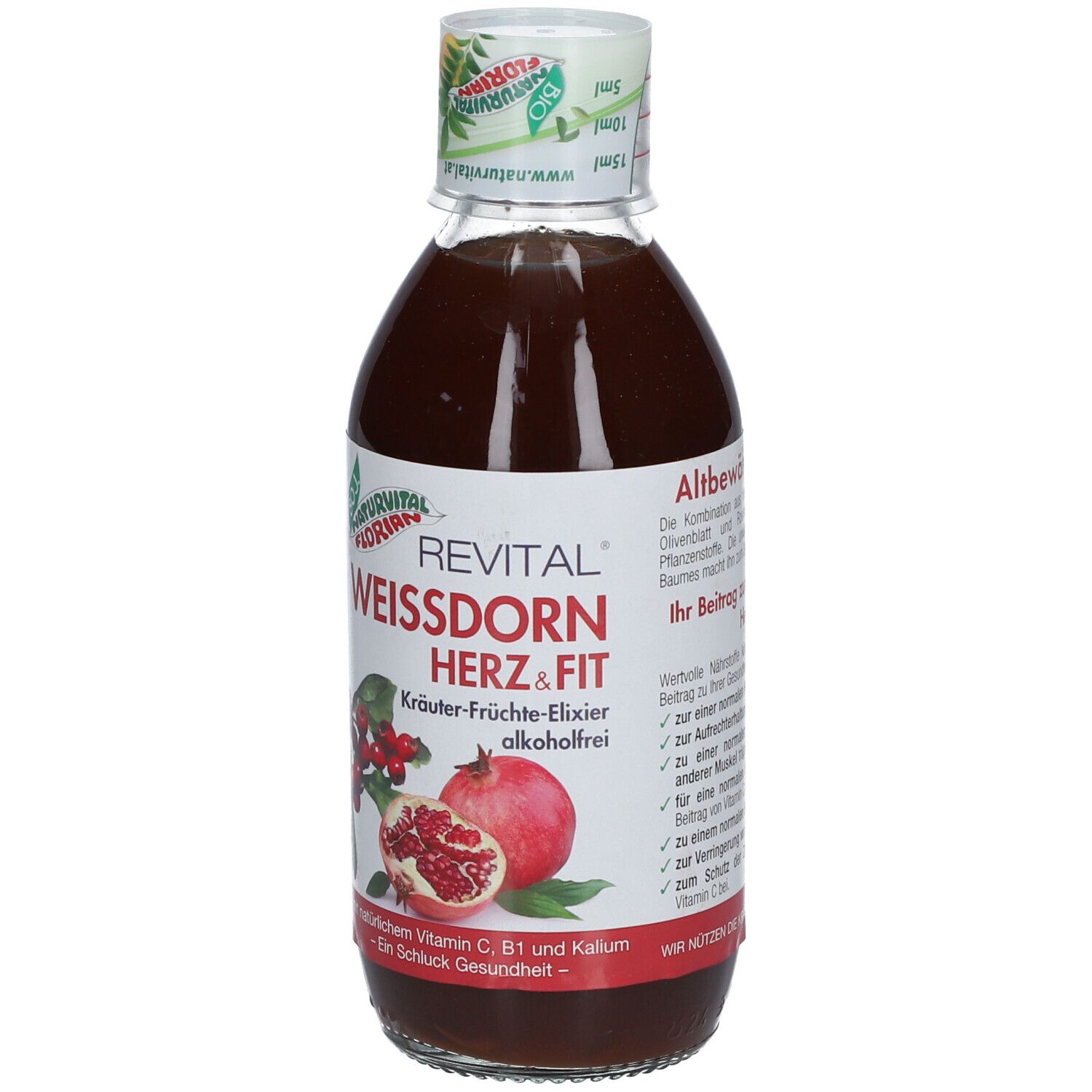Flasche mit Flüssigkeit. Etikett mit Produktnamen: Weißdorn Herz & Fit. Abbildung von Granatapfel und Weißdorn.