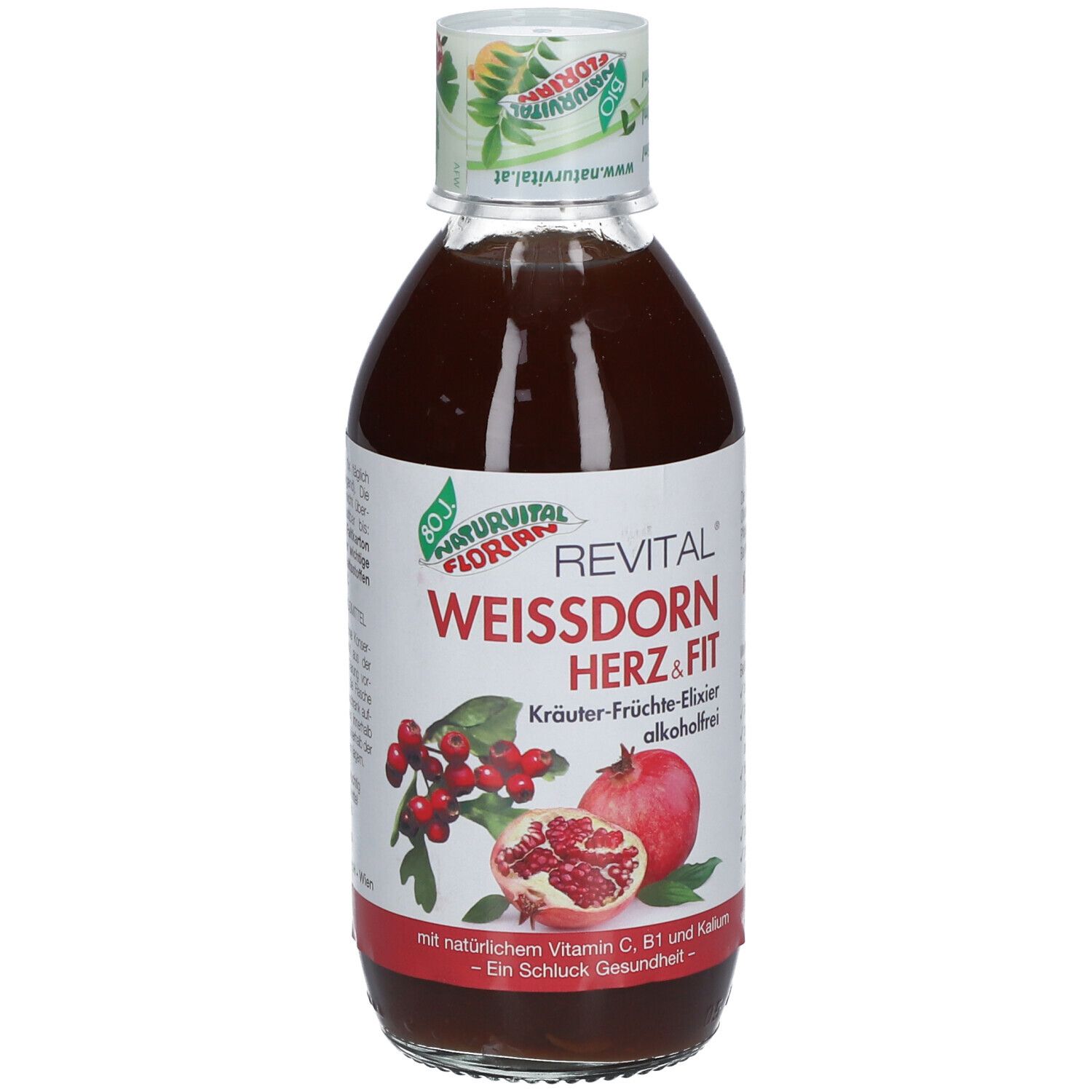 Flasche mit Flüssigkeit. Etikett mit Produktnamen: Weißdorn Herz & Fit. Abbildung von Granatapfel und Weißdorn.