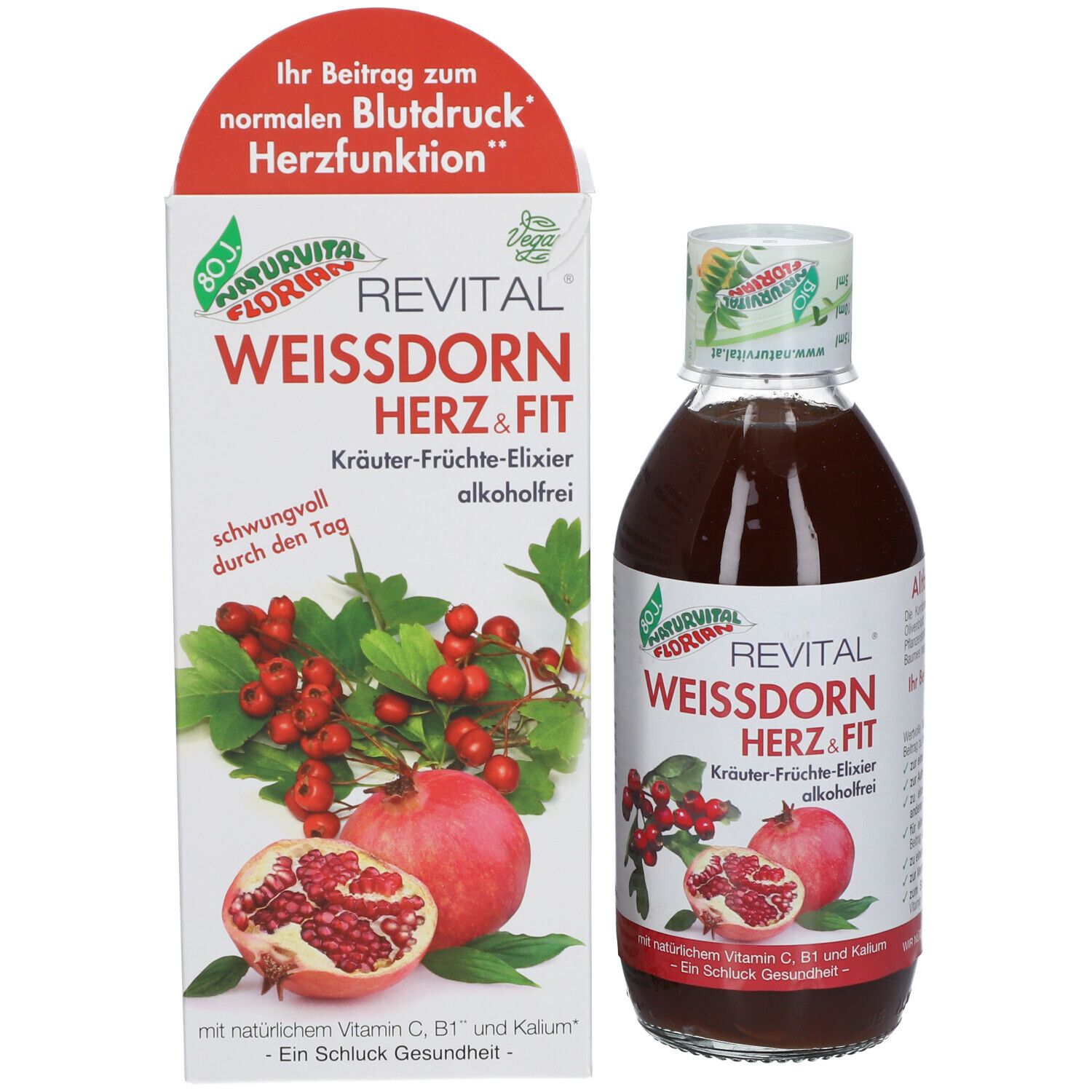 Flasche und Verpackung. Produktname: Weißdorn Herz & Fit. Abbildung von Granatapfel und Weißdorn. Vegan-Siegel.