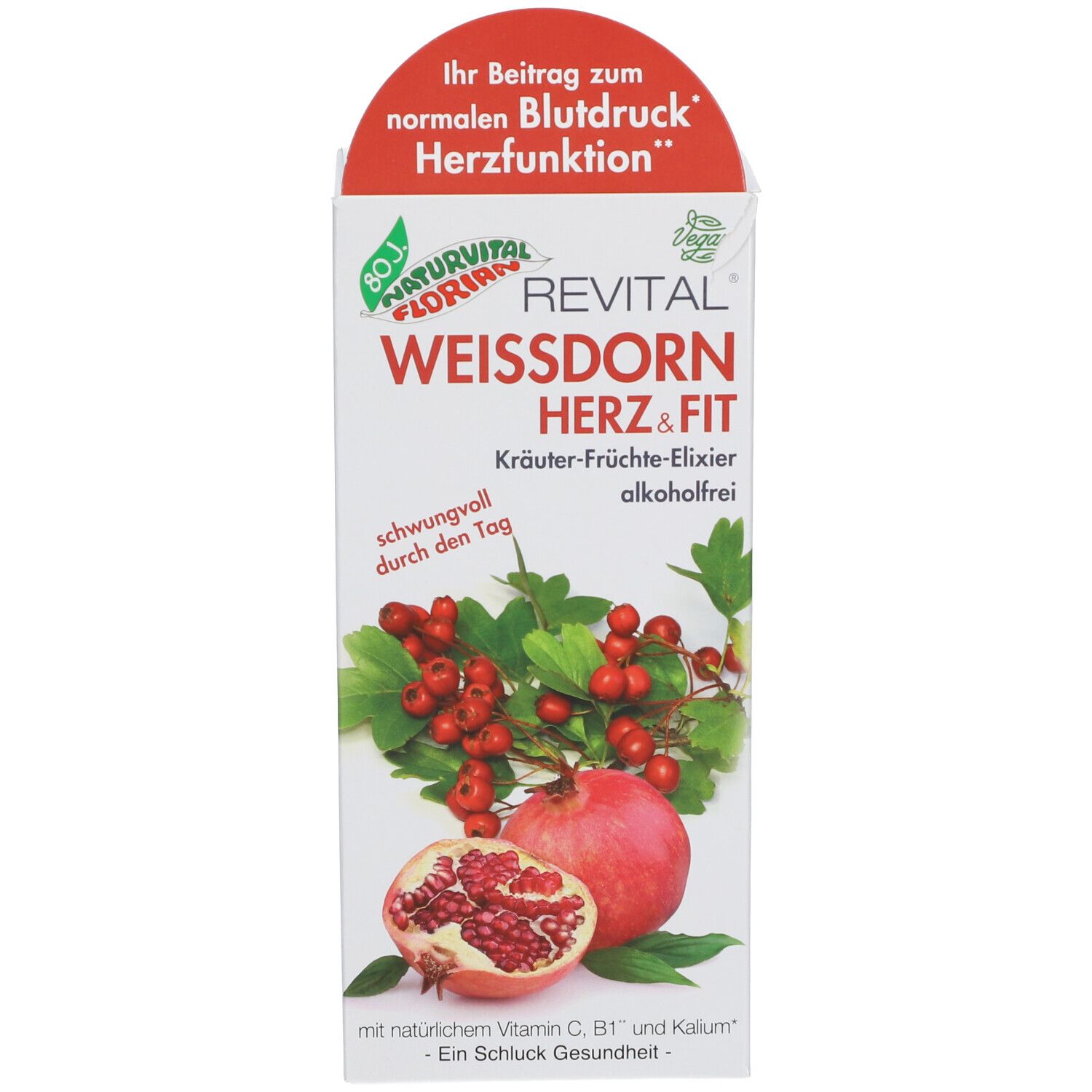 Verpackung. Produktname: Weißdorn Herz & Fit. Abbildung von Granatapfel und Weißdorn. Vegan-Siegel.