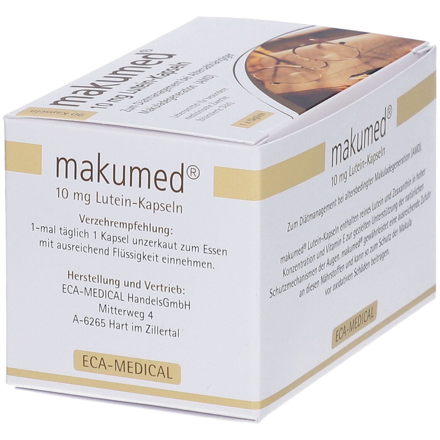 Schachtel "makumed® 10 mg Lutein-Kapseln". Text: "Verzehrempfehlung: 1-mal täglich 1 Kapsel unzerkaut zum Essen." Hersteller: ECA-MEDICAL HandelsGmbH.