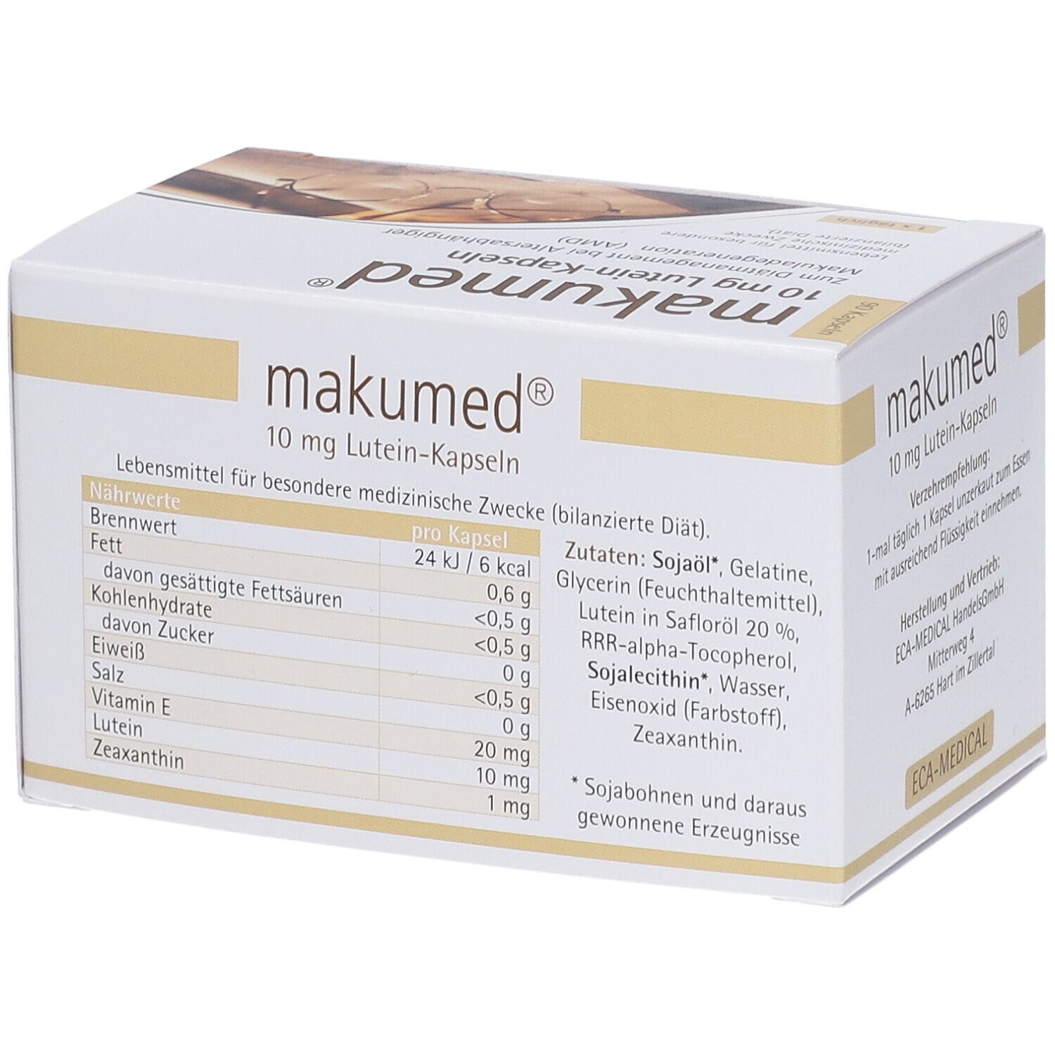 Schachtel "makumed® 10 mg Lutein-Kapseln". Nährwerttabelle und Zutatenliste. Enthält Sojaöl, Gelatine, Lutein, Zeaxanthin, Eisenoxid.
