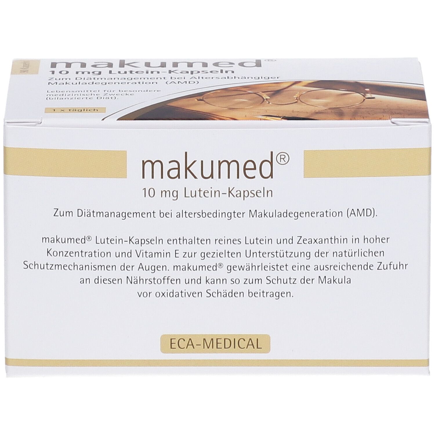 Weiße Schachtel "makumed® 10 mg Lutein-Kapseln". Text: "Zum Diätmanagement bei altersbedingter Makuladegeneration (AMD)." Logo ECA-MEDICAL.