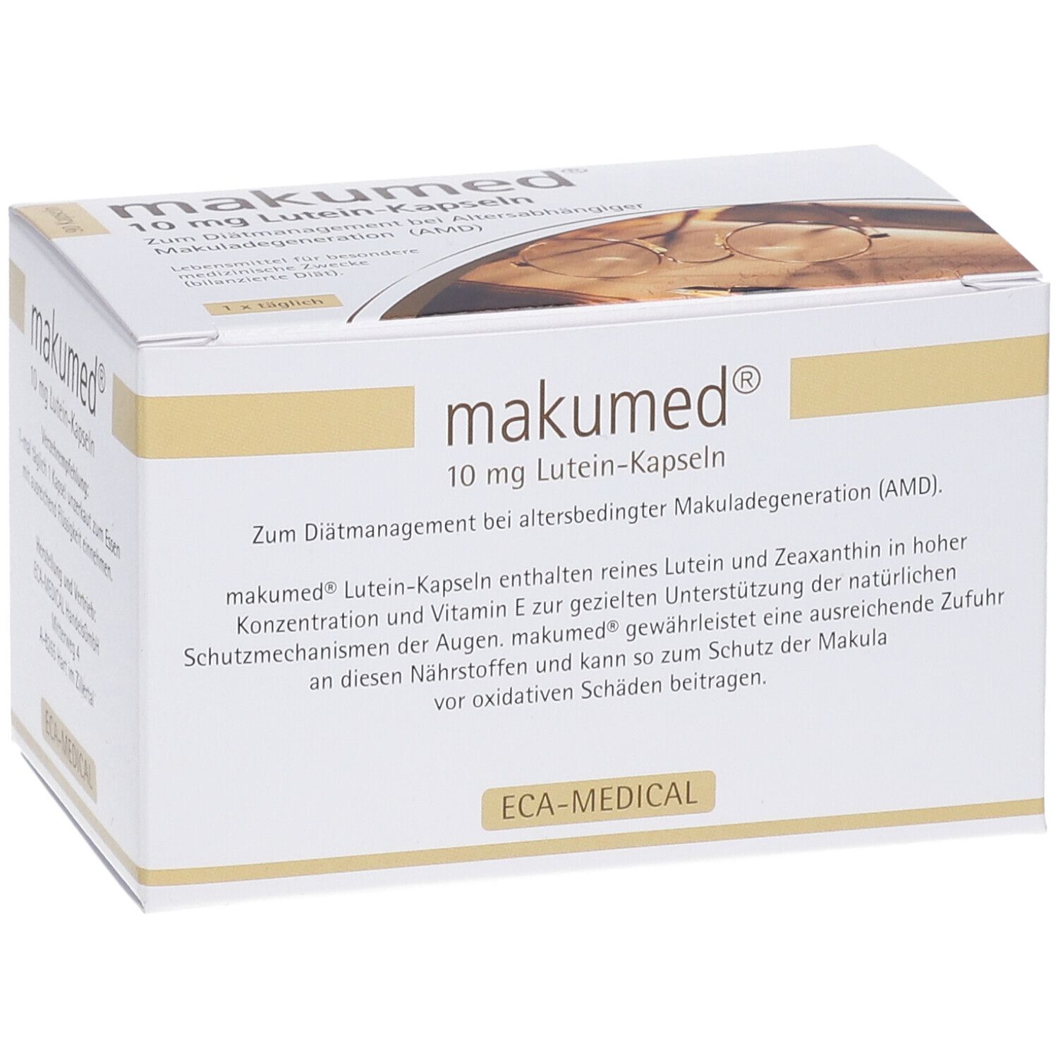 Schachtel "makumed® 10 mg Lutein-Kapseln". Text: "Zum Diätmanagement bei altersbedingter Makuladegeneration (AMD)." Logo ECA-MEDICAL.