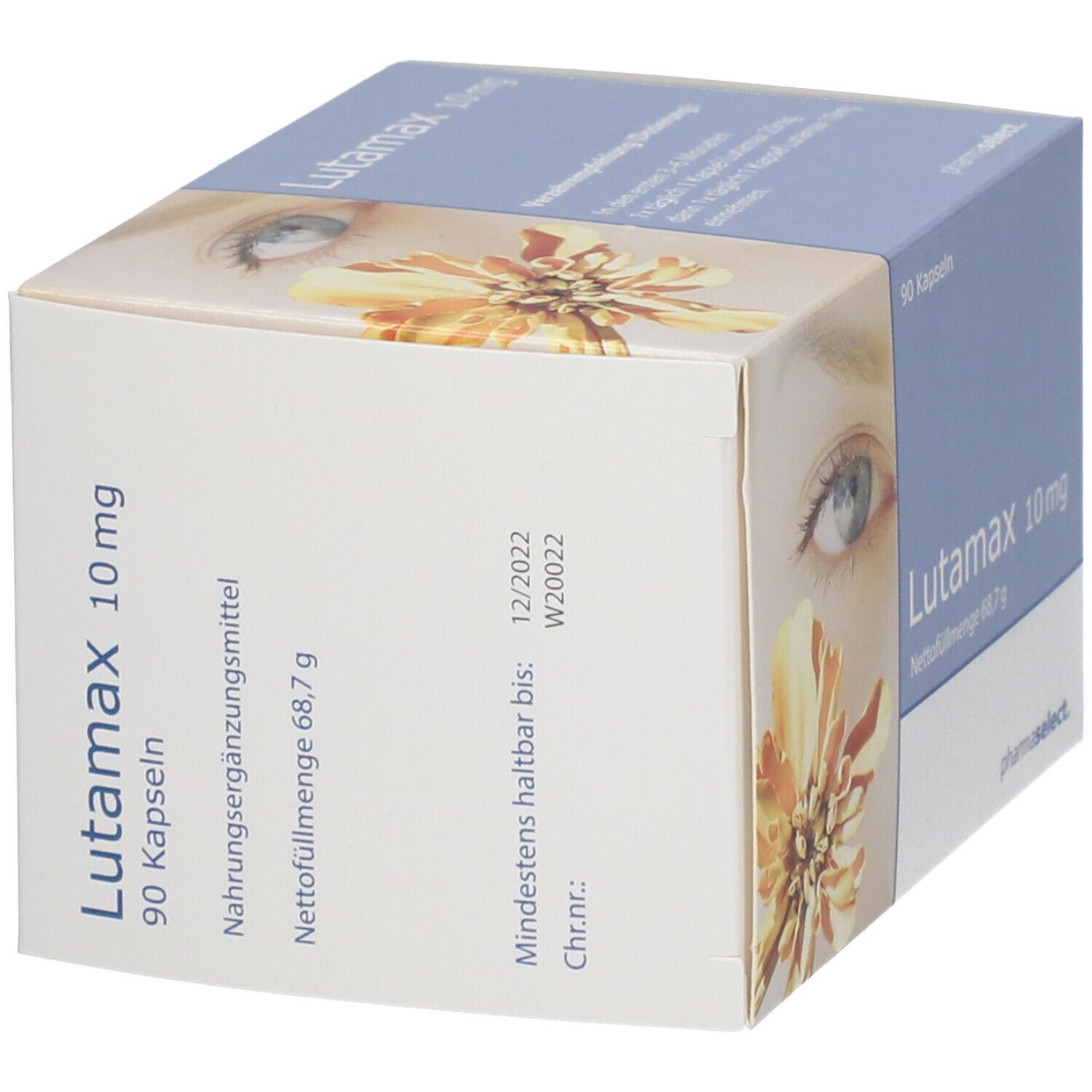 Schachtel mit "Lutamax 10 mg"-Aufdruck. 90 Kapseln. Mindestens haltbar bis 12/2022. Aufdruck "pharmaselect". Abbildung eines Auges und einer Blüte.
