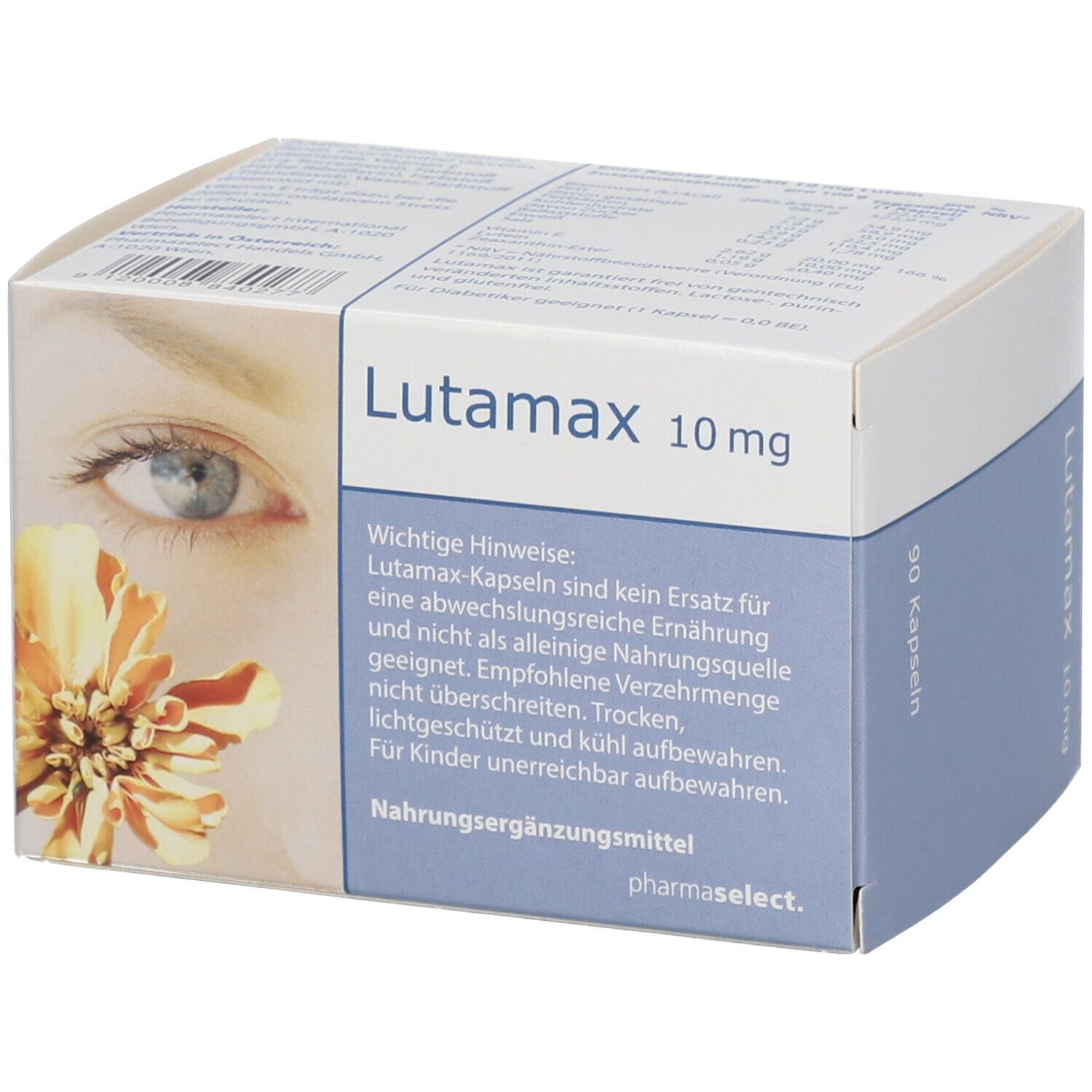 Schachtel mit "Lutamax 10 mg"-Aufdruck. 90 Kapseln. Aufdruck "pharmaselect". Text mit wichtigen Hinweisen. Abbildung eines Auges und einer Blüte.