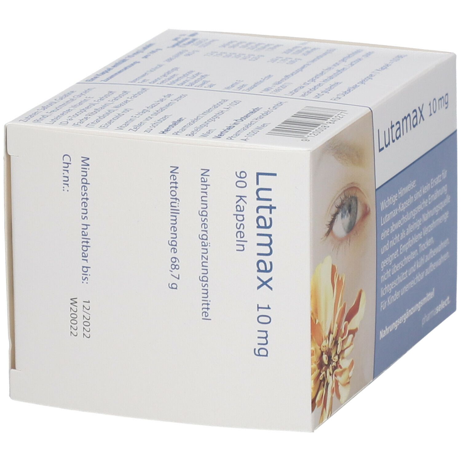 Schachtel mit "Lutamax 10 mg"-Aufdruck. 90 Kapseln. Mindestens haltbar bis 12/2022. Aufdruck "pharmaselect". Abbildung eines Auges und einer Blüte.