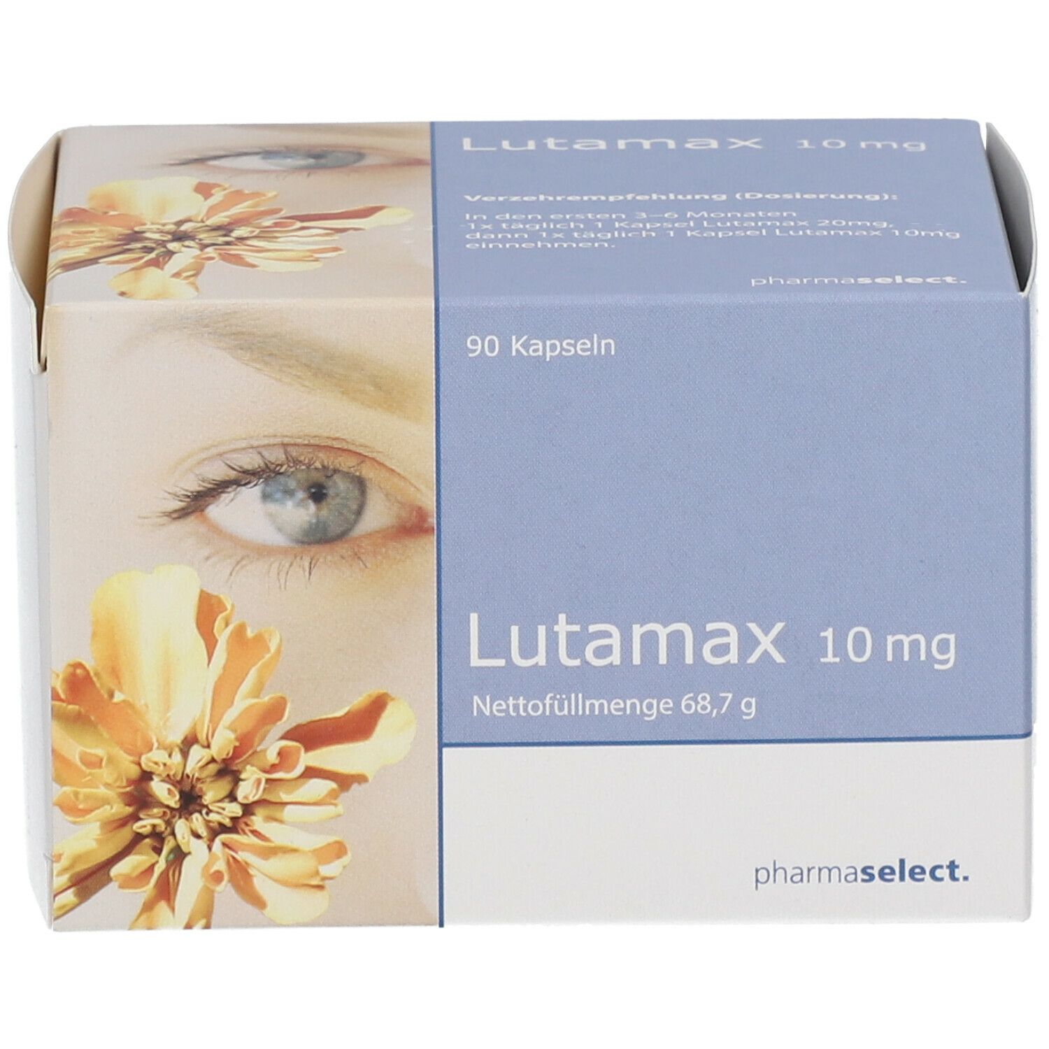 Blau-weiße Schachtel mit "Lutamax 10 mg"-Aufdruck. 90 Kapseln. Aufdruck "pharmaselect". Abbildung eines Auges und einer Blüte.