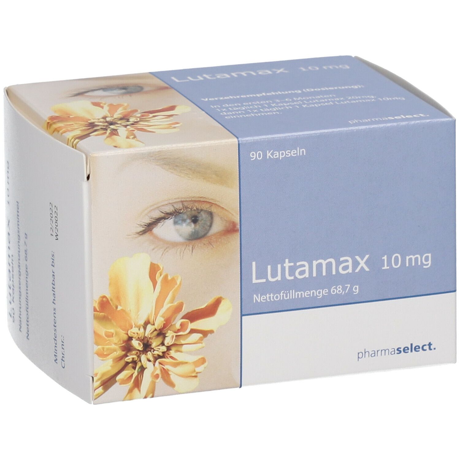 Blau-weiße Schachtel mit "Lutamax 10 mg"-Aufdruck. 90 Kapseln. Aufdruck "pharmaselect". Abbildung eines Auges und einer Blüte.