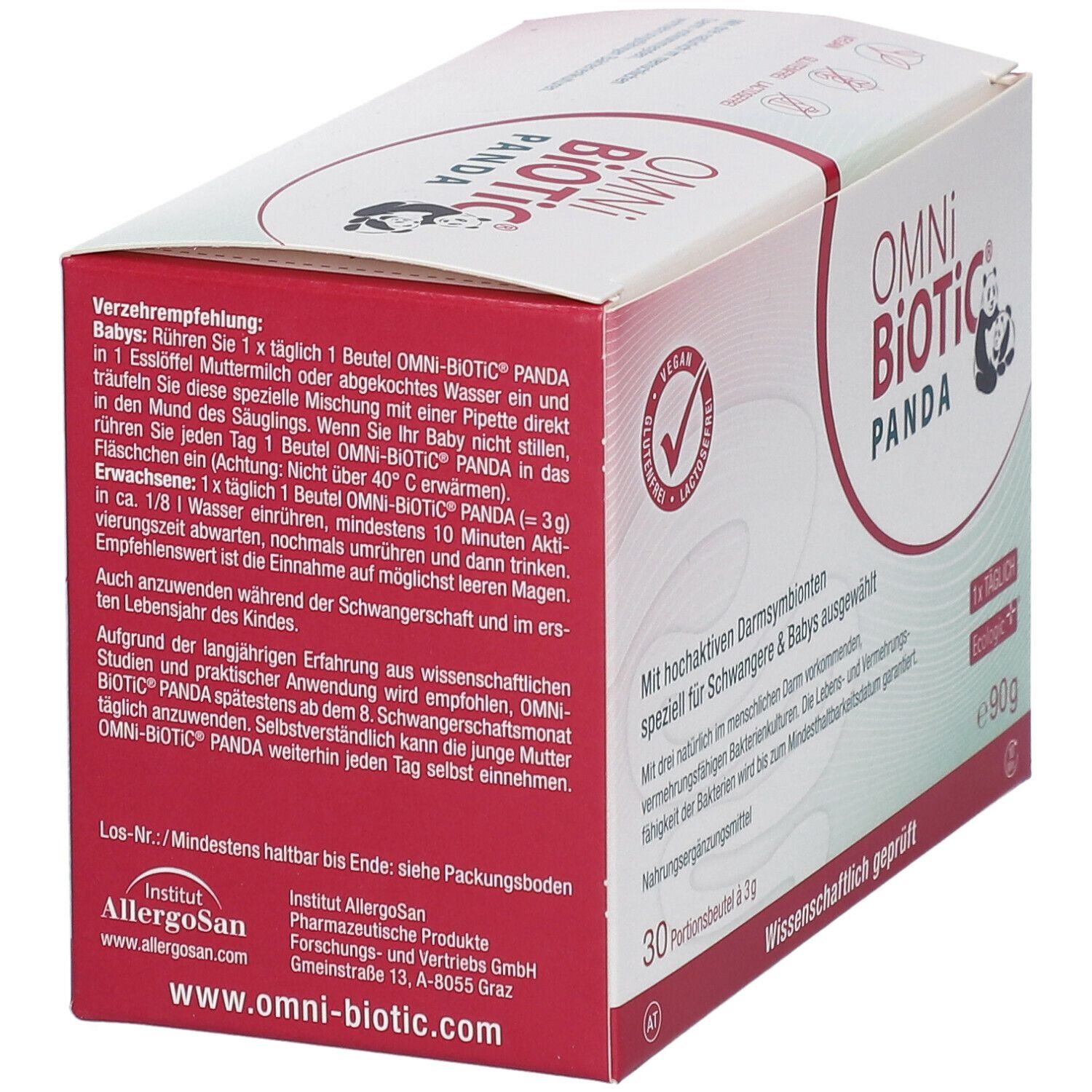 OMNi-BiOTiC Panda-Verpackung. Rückseite mit Text und Logo. Vegan, laktosefrei. 30 Portionsbeutel.