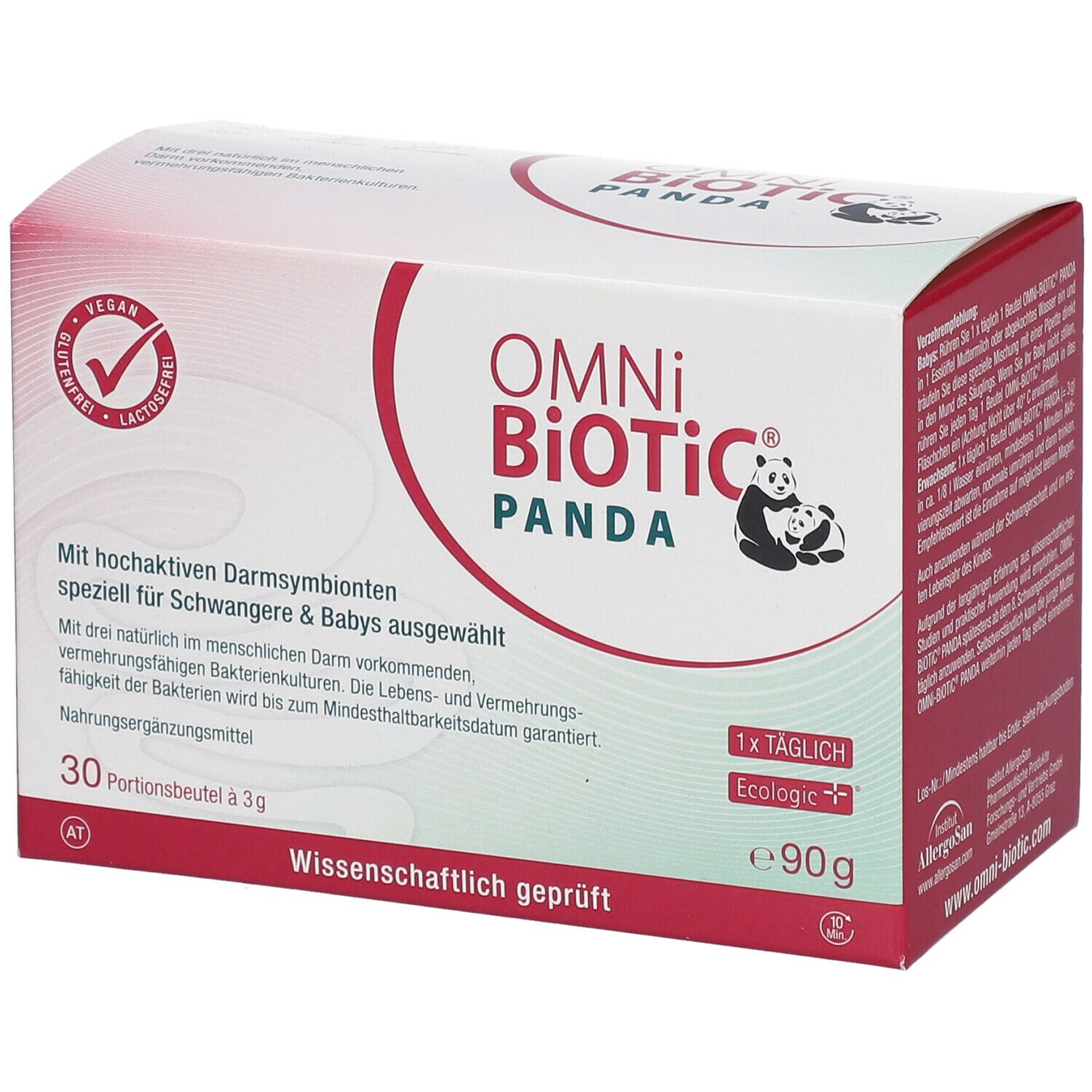 OMNi-BiOTiC Panda-Verpackung. Enthält 30 Portionsbeutel. Vegan, laktosefrei. Mit Logo und Text.