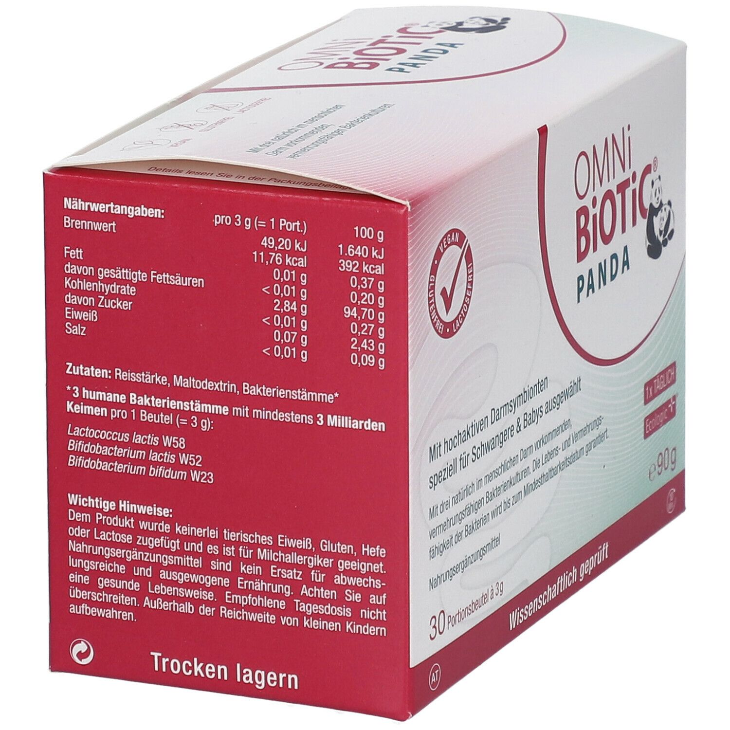 OMNi-BiOTiC Panda-Verpackung. Enthält Nährwertangaben und Zutaten. 30 Portionsbeutel. Vegan.