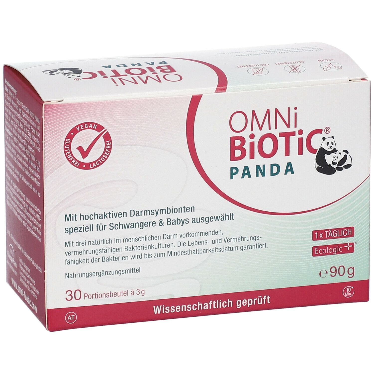 OMNi-BiOTiC Panda-Verpackung. Enthält 30 Portionsbeutel. Vegan, laktosefrei. Mit Logo und Text.