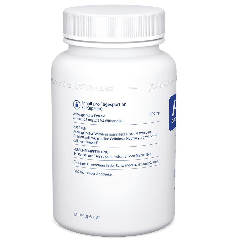 Rückseite der weißen Flasche. Aufschrift: Inhalt pro Tagesportion (2 Kapseln), Ashwagandha-Extrakt, 25 mg Withanolide.