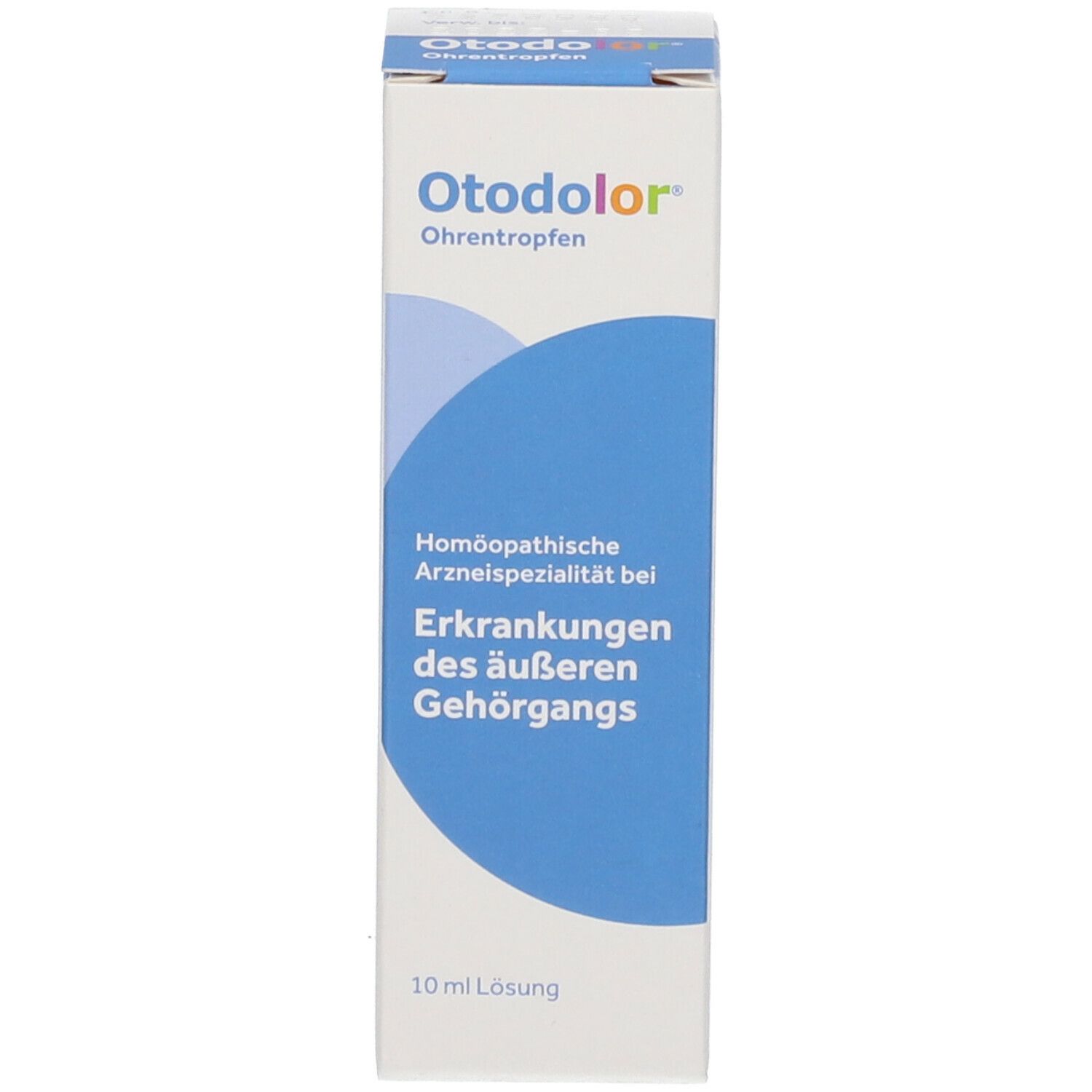 Produktverpackung. Blaue und weiße Schachtel mit Produktnamen und Informationen.