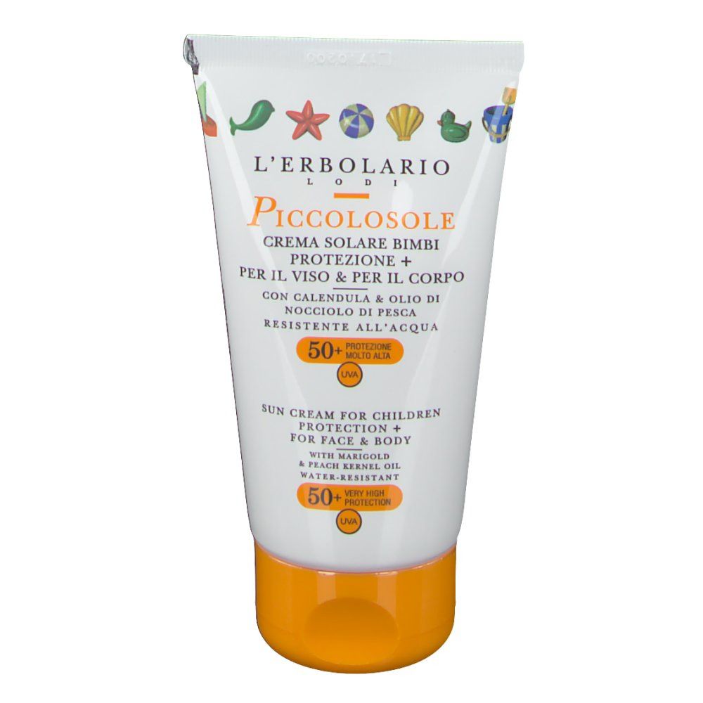Sonnencreme-Tube für Kinder. Weiß, mit orangefarbenem Deckel. Text: L'Erbolario Piccolosole, SPF 50+. Für Gesicht & Körper.
