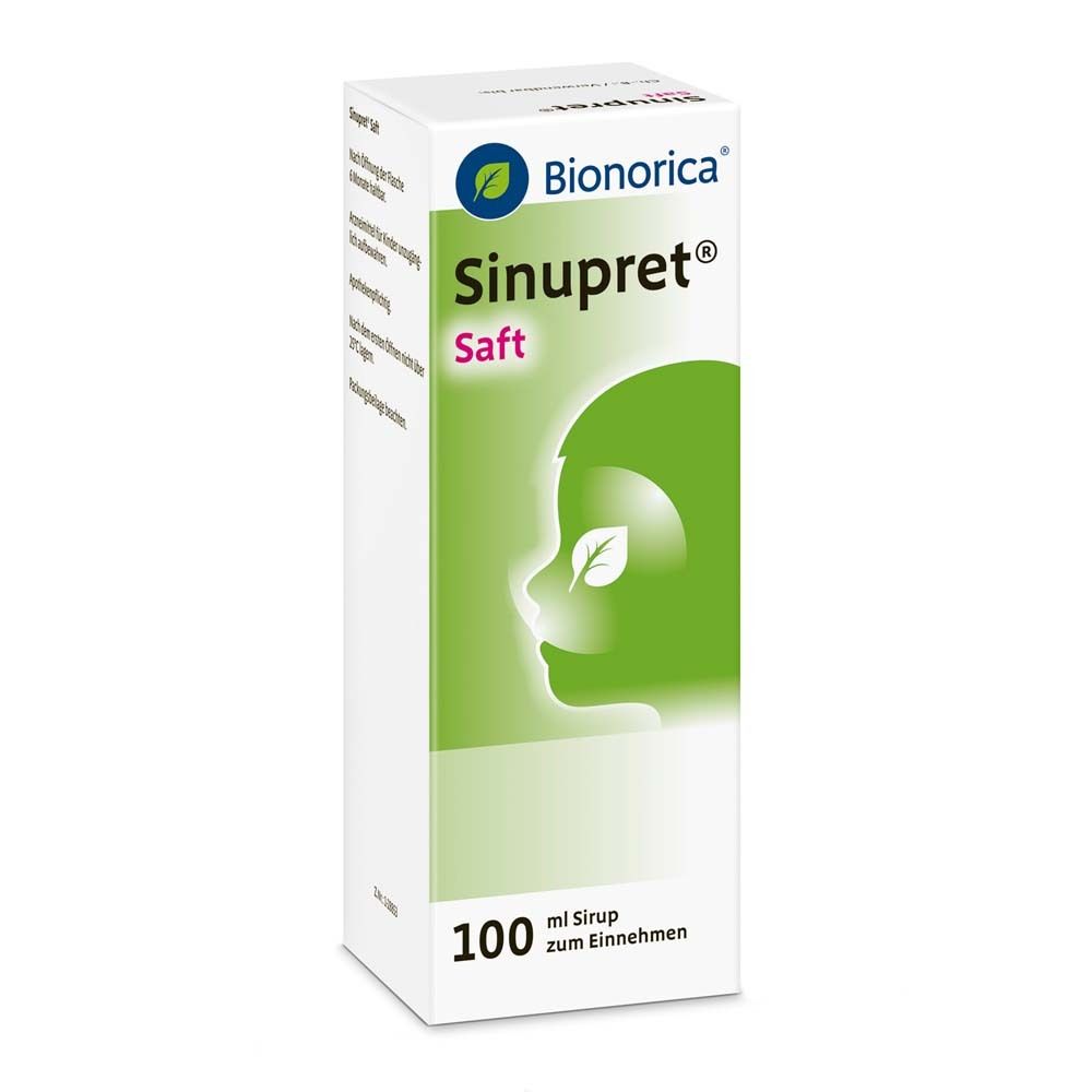 Sinupret® Saft-Verpackung. Weiße Schachtel mit Produktnamen und Logo. 100 ml Sirup.