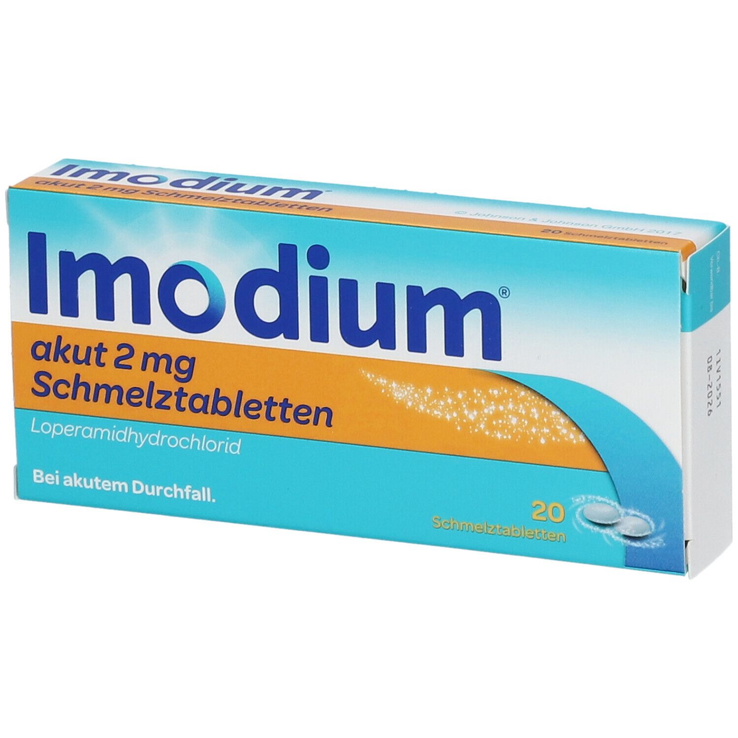 Packung Imodium akut 2 mg Schmelztabletten. Türkis-weißes Design. 20 Tabletten. Text: Loperamidhydrochlorid, Bei akutem Durchfall.