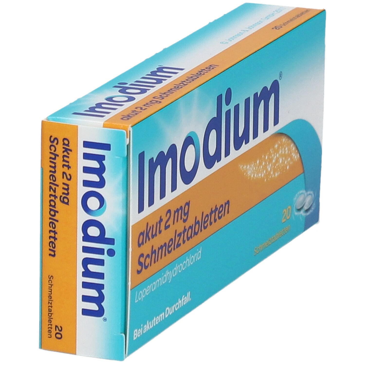 Packung Imodium akut 2 mg Schmelztabletten. Türkis-weißes Design. 20 Tabletten. Text: Loperamidhydrochlorid, Bei akutem Durchfall.