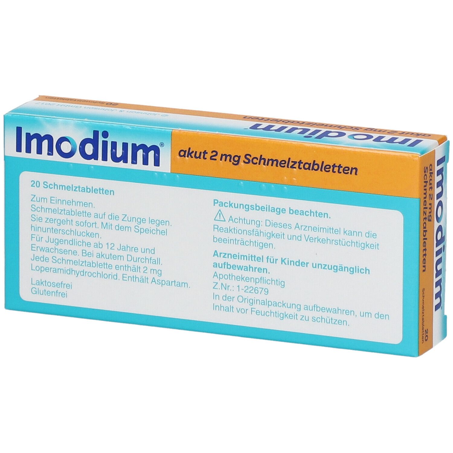 Packung Imodium akut 2 mg Schmelztabletten. Türkis-weißes Design. 20 Tabletten. Text: Loperamidhydrochlorid, Bei akutem Durchfall.