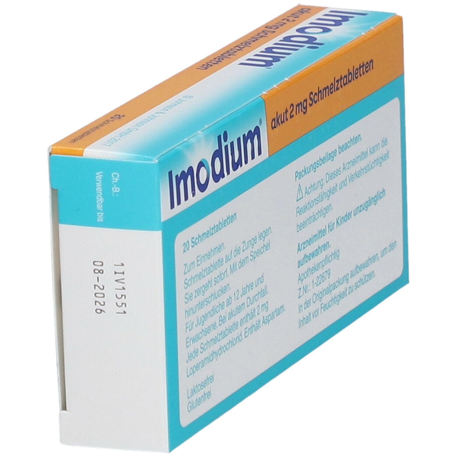 Packung Imodium akut 2 mg Schmelztabletten. Türkis-weißes Design. 20 Tabletten. Text: Loperamidhydrochlorid, Bei akutem Durchfall.