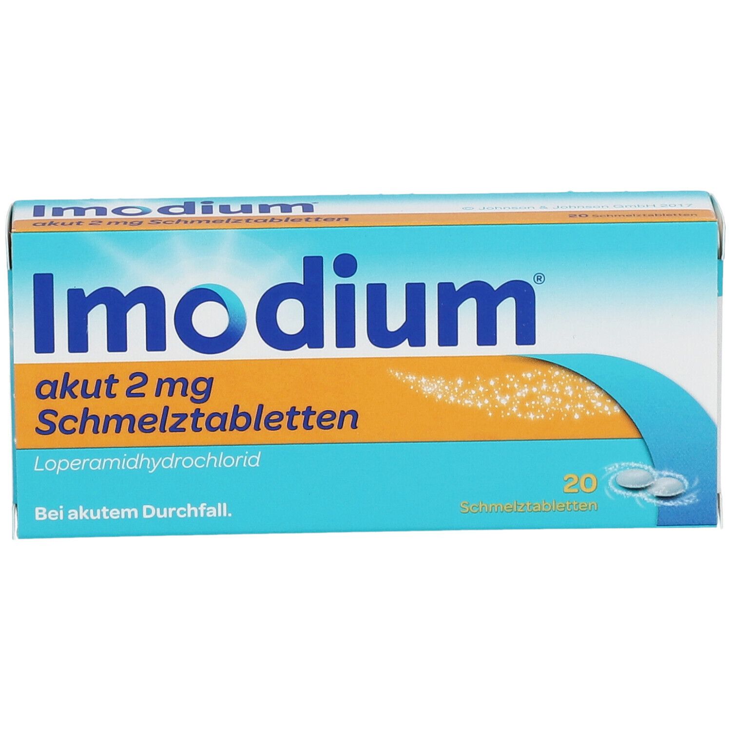 Packung Imodium akut 2 mg Schmelztabletten. Türkis-weißes Design. 20 Tabletten. Text: Loperamidhydrochlorid, Bei akutem Durchfall.