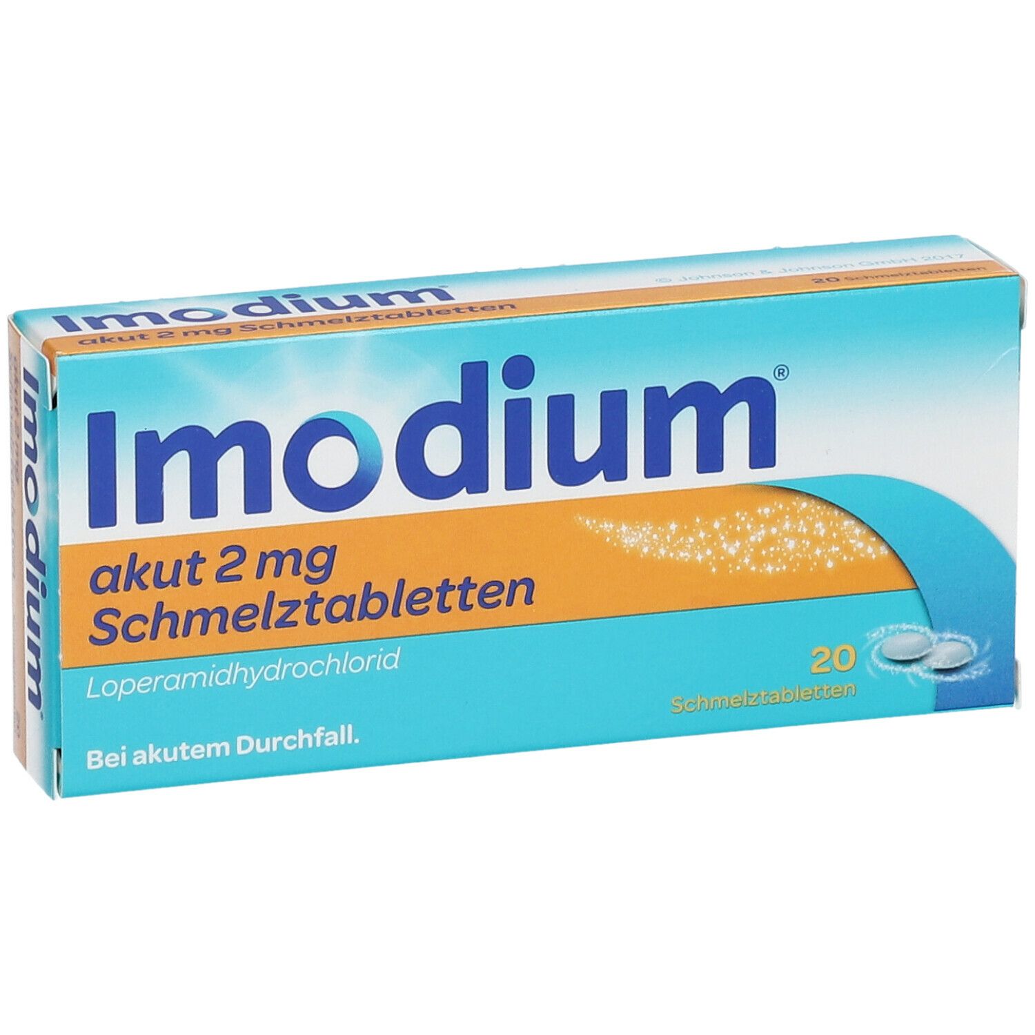 Packung Imodium akut 2 mg Schmelztabletten. Türkis-weißes Design. 20 Tabletten. Text: Loperamidhydrochlorid, Bei akutem Durchfall.