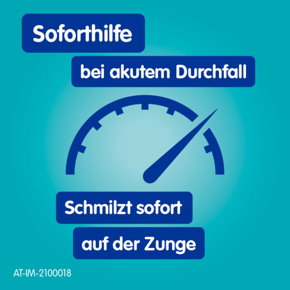 Grafik mit blauem Zifferblatt. Text: Soforthilfe bei akutem Durchfall. Schmilzt sofort auf der Zunge.