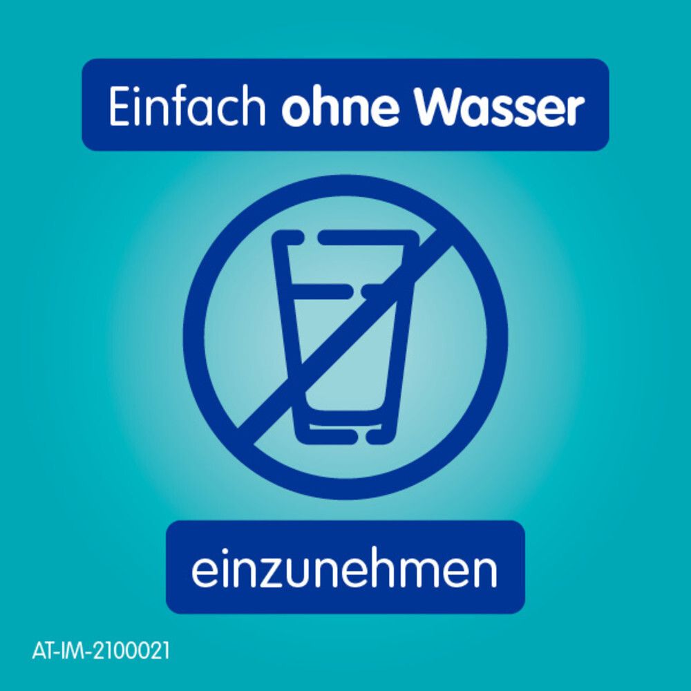 Blaues Symbol: Glas mit durchgestrichenem Strich. Text: Einfach ohne Wasser einzunehmen.