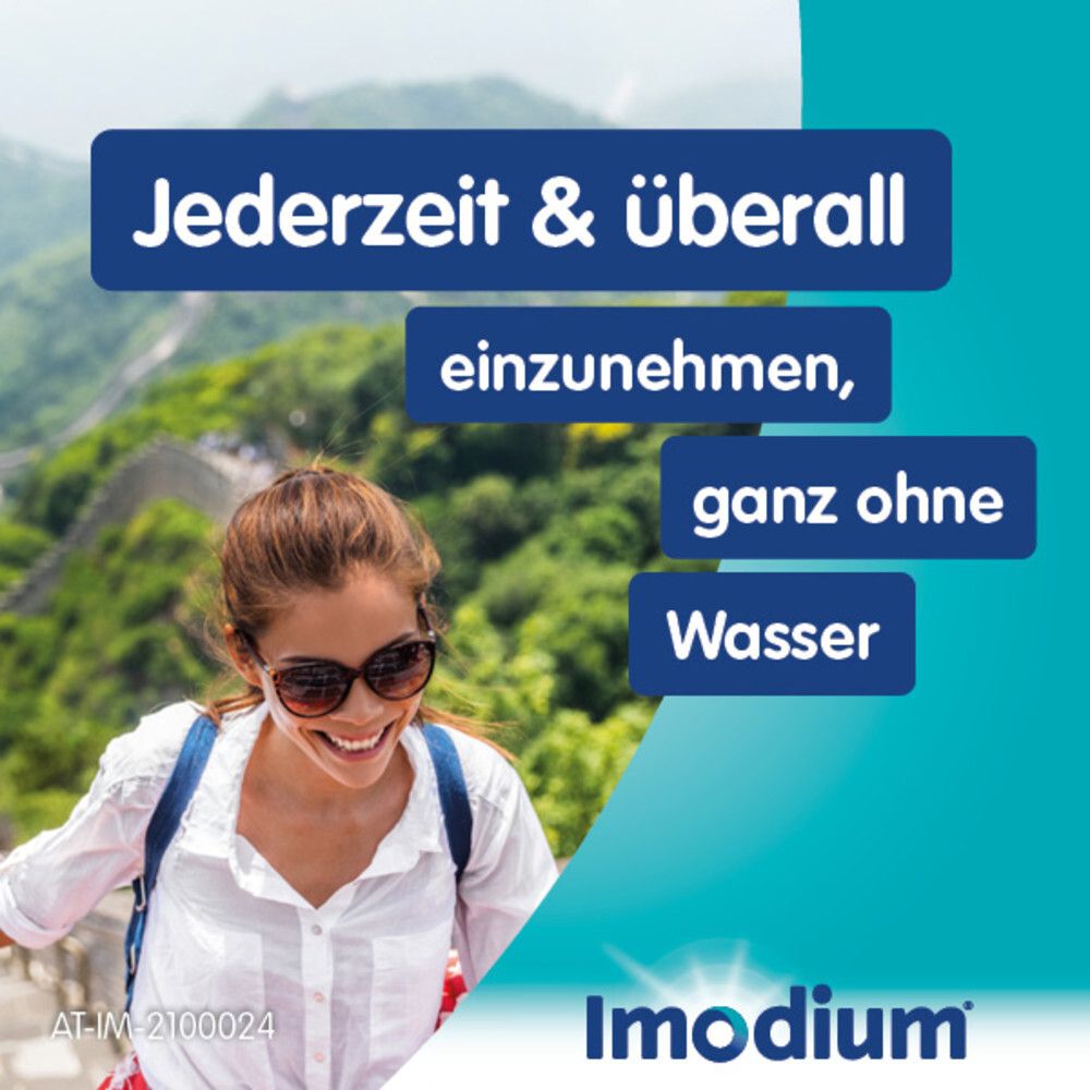 Frau mit Sonnenbrille auf Bergpfad. Text: Jederzeit & überall einzunehmen, ganz ohne Wasser. Imodium Logo.