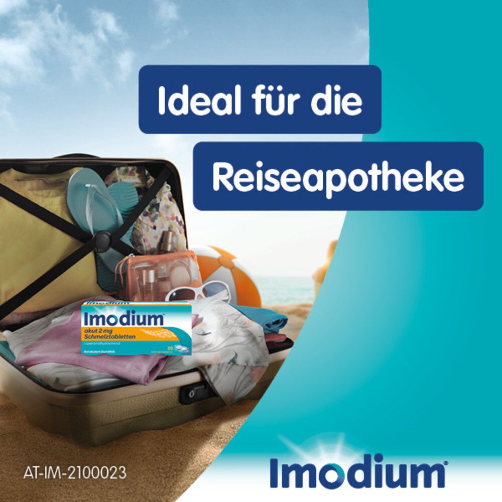 Koffer mit Reiseutensilien. Text: Ideal für die Reiseapotheke. Imodium akut Schmelztabletten.