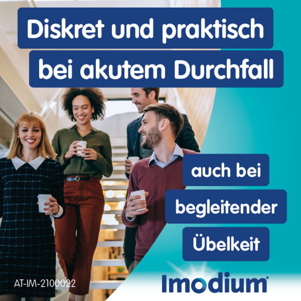Gruppe von Personen. Text: Diskret und praktisch bei akutem Durchfall, auch bei begleitender Übelkeit. Imodium Logo.