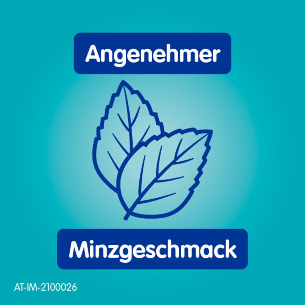 Zwei grüne Minzblätter. Text: Angenehmer Minzgeschmack.