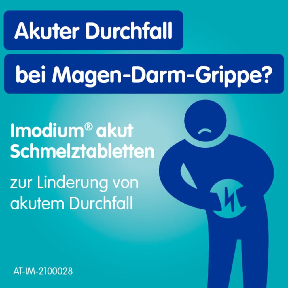 Person hält Bauch. Text: Akuter Durchfall bei Magen-Darm-Grippe? Imodium akut Schmelztabletten zur Linderung von akutem Durchfall.