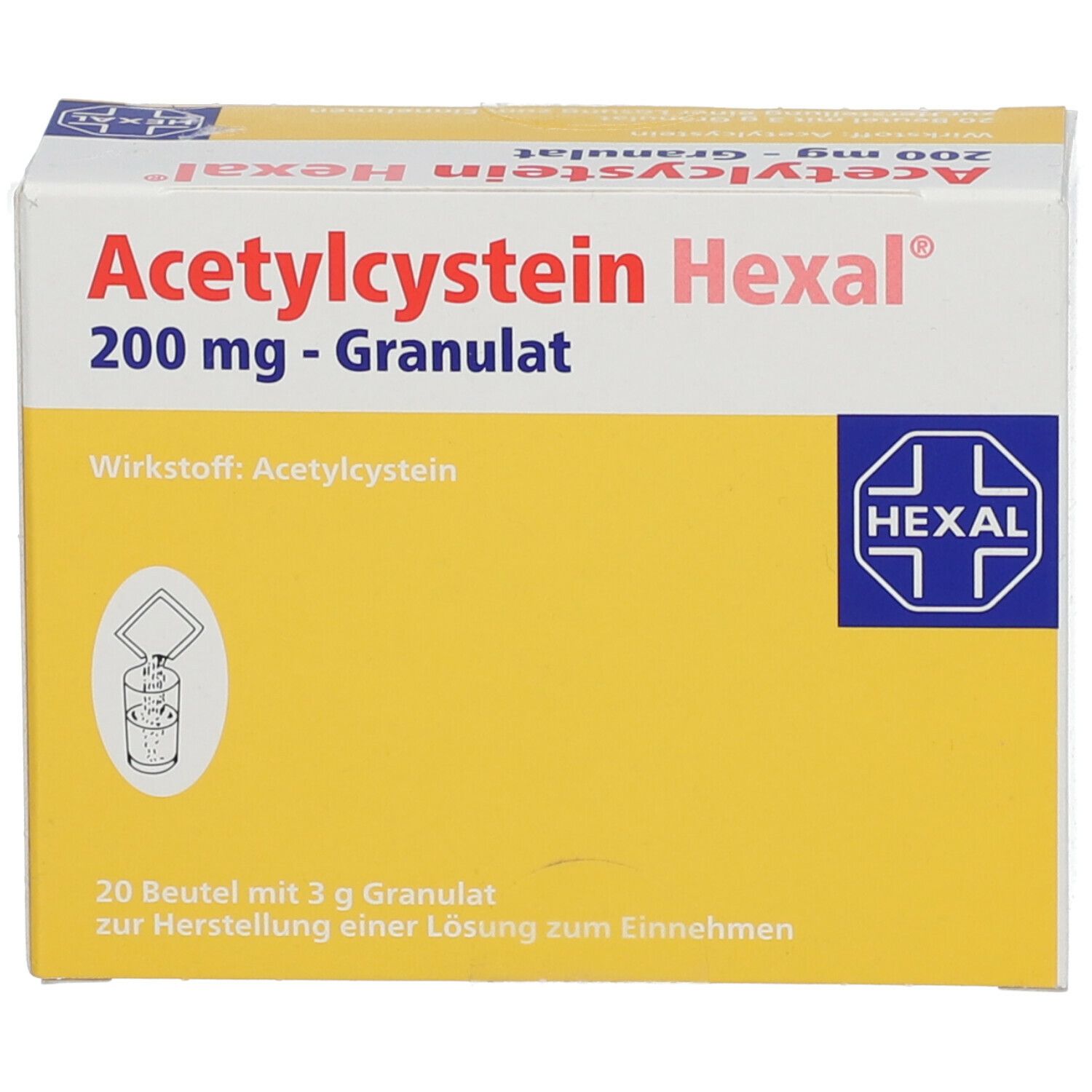 Schachtel Acetylcystein Hexal 200 mg Granulat. Gelber Hintergrund, roter und blauer Schriftzug. 20 Beutel.