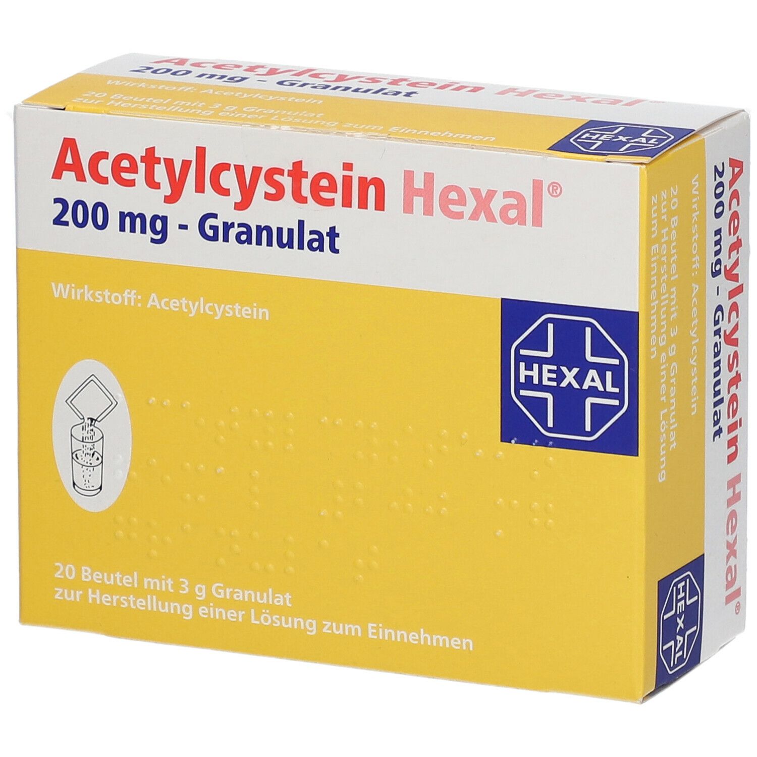 Schachtel Acetylcystein Hexal 200 mg Granulat. Gelb-weiße Verpackung, blaue Hexal-Logo. 20 Beutel.