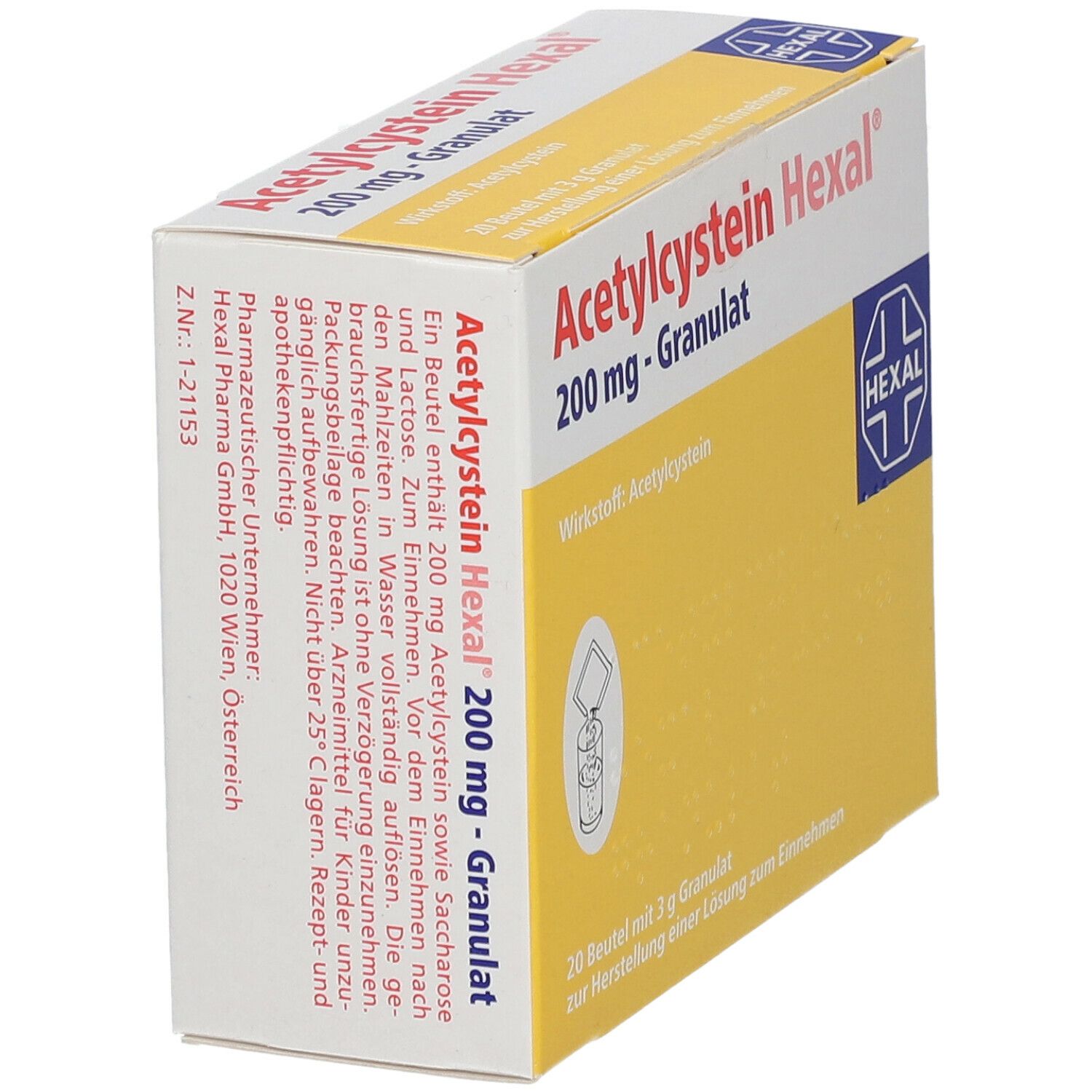 Schachtel Acetylcystein Hexal 200 mg Granulat. Gelb-weiße Verpackung, blaue Hexal-Logo. 20 Beutel.