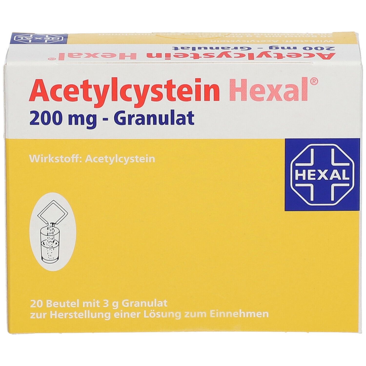 Schachtel Acetylcystein Hexal 200 mg Granulat. Gelber Hintergrund, roter und blauer Schriftzug. 20 Beutel.