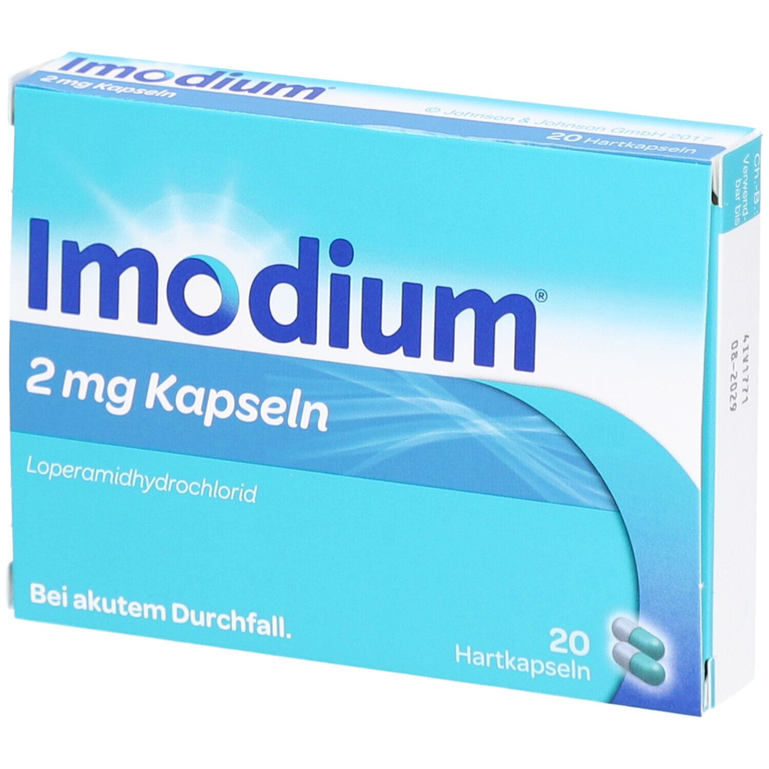 Imodium 2 mg Kapseln Packung. 20 Hartkapseln. Blau-weißes Design.