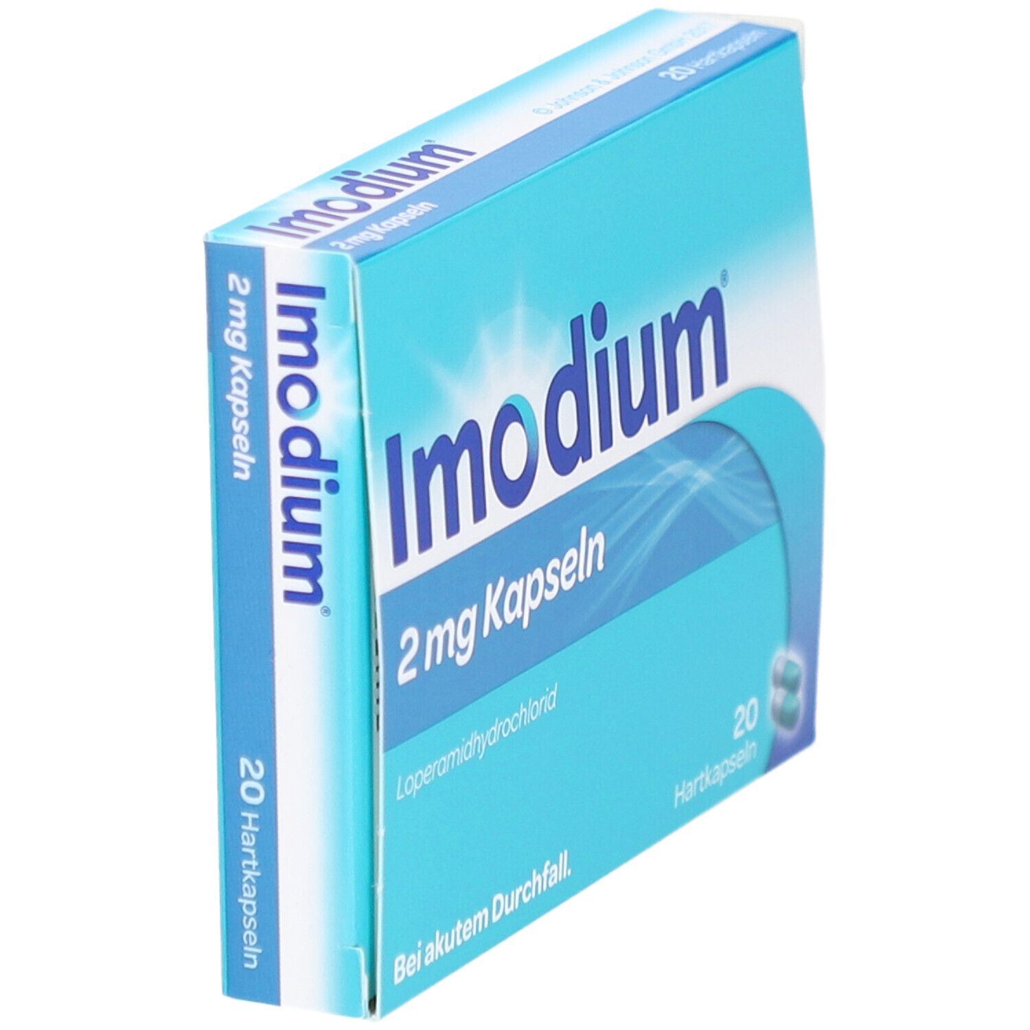 Imodium 2 mg Kapseln Packung. Seitenansicht. 20 Hartkapseln. Blau-weißes Design.