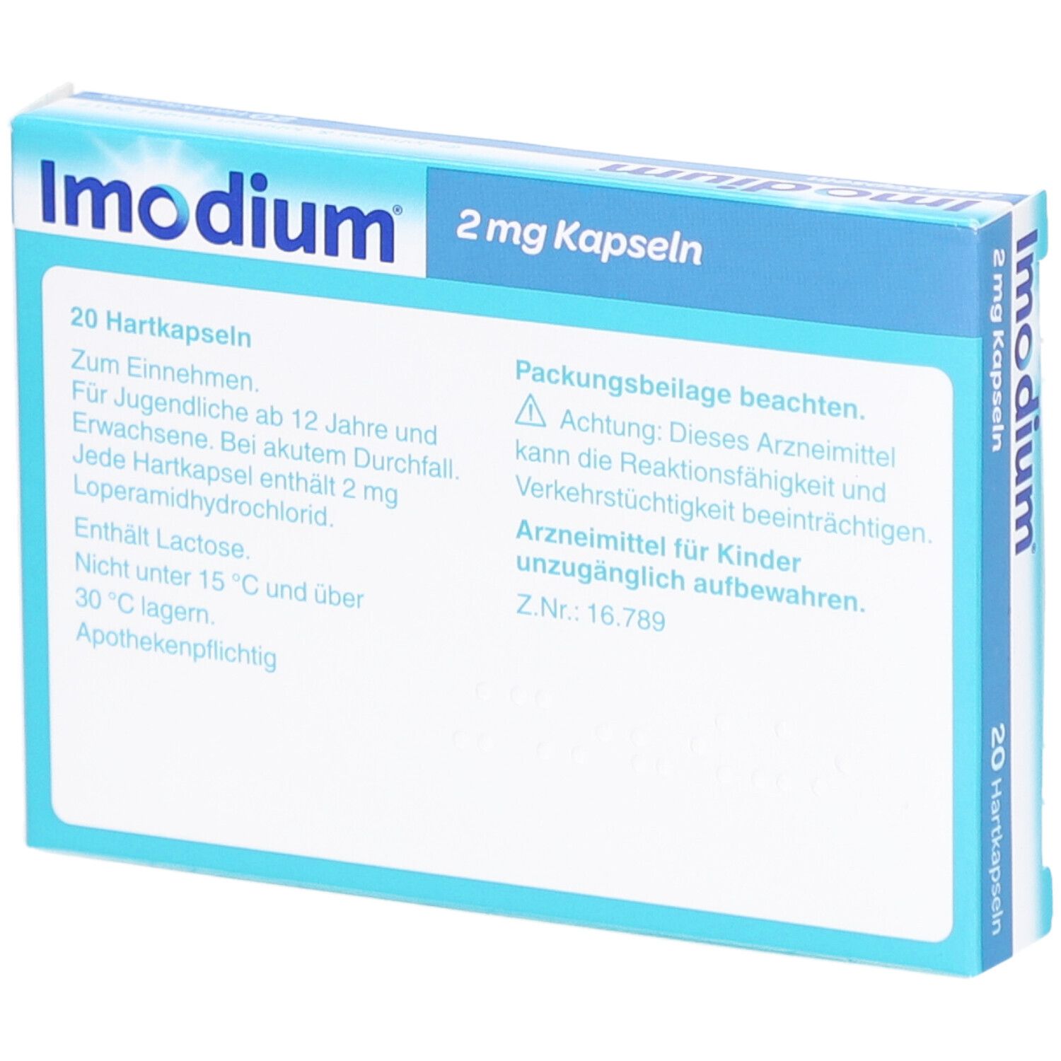 Imodium 2 mg Kapseln Packung. Rückseite. 20 Hartkapseln. Blau-weißes Design.